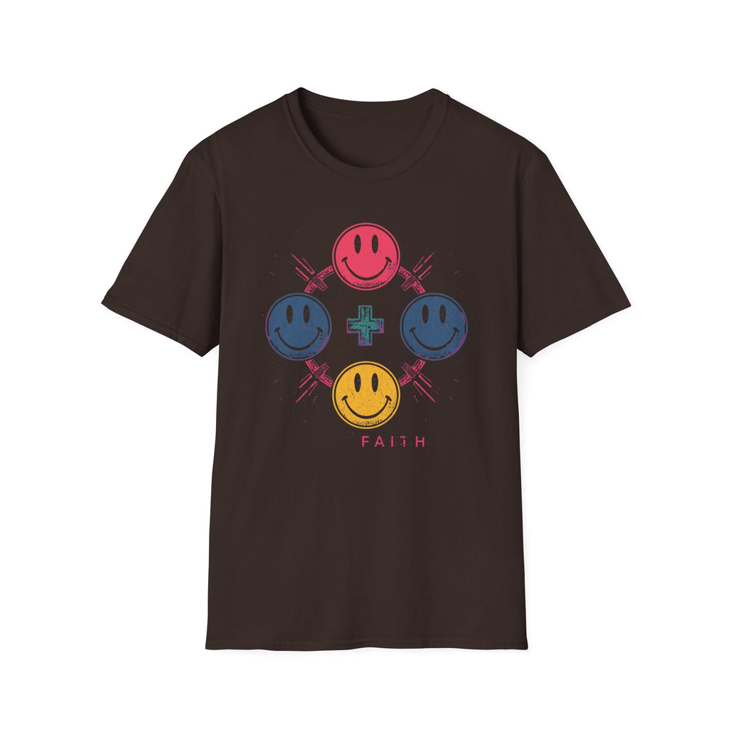 Faith Smiley Cross T-Shirt — Colorful Retro Smile Faces Graphic Tee