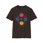 Faith Smiley Cross T-Shirt — Colorful Retro Smile Faces Graphic Tee