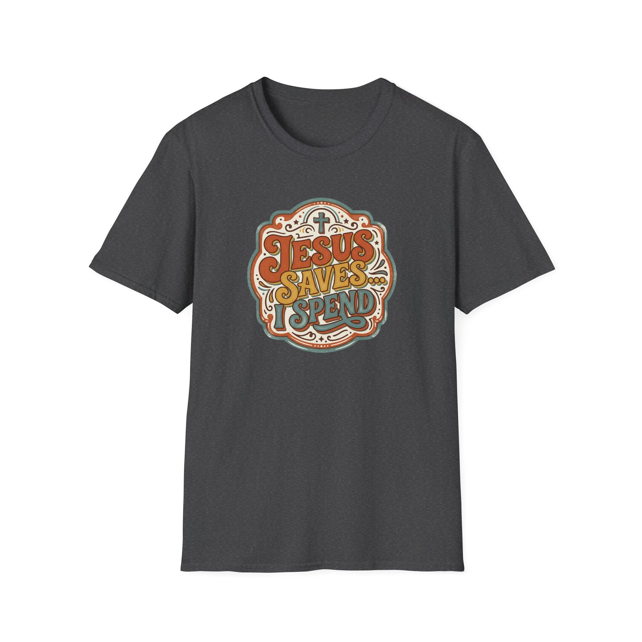 Christian T-Shirt — "Jesus Saves" Vintage Script Faith Tee