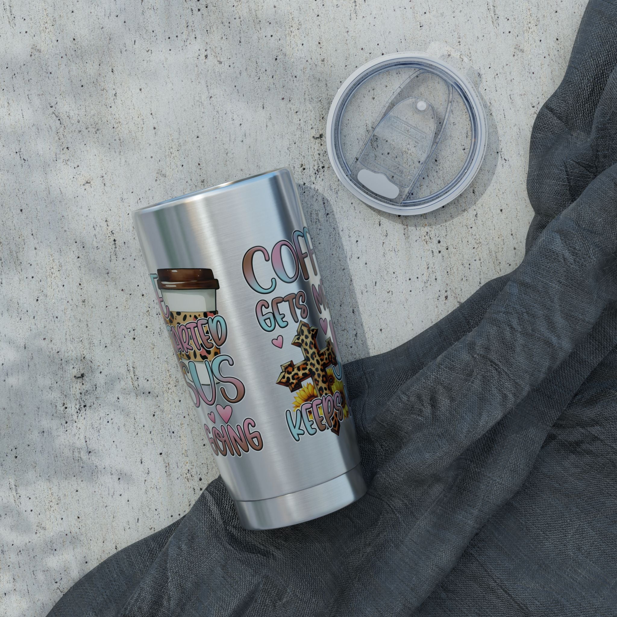 20oz Travel Tumbler — “Coffee Gets Me Through Keeping” Leopard & Coffee Cup Design