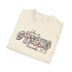 She Is Strong Floral T‑Shirt — Proverbs 31:25 Inspirational Women’s Tee