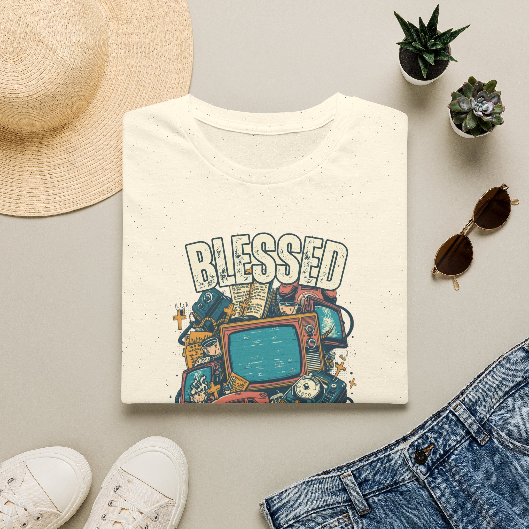Blessed But Overstimulated T-Shirt — Retro Cozy Graphic Tee for Busy Moms & Millennials