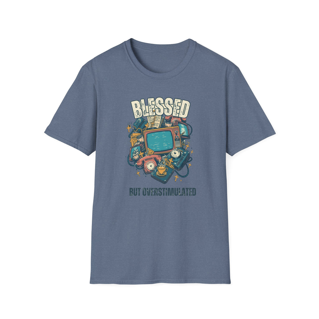 Blessed But Overstimulated T-Shirt — Retro Cozy Graphic Tee for Busy Moms & Millennials