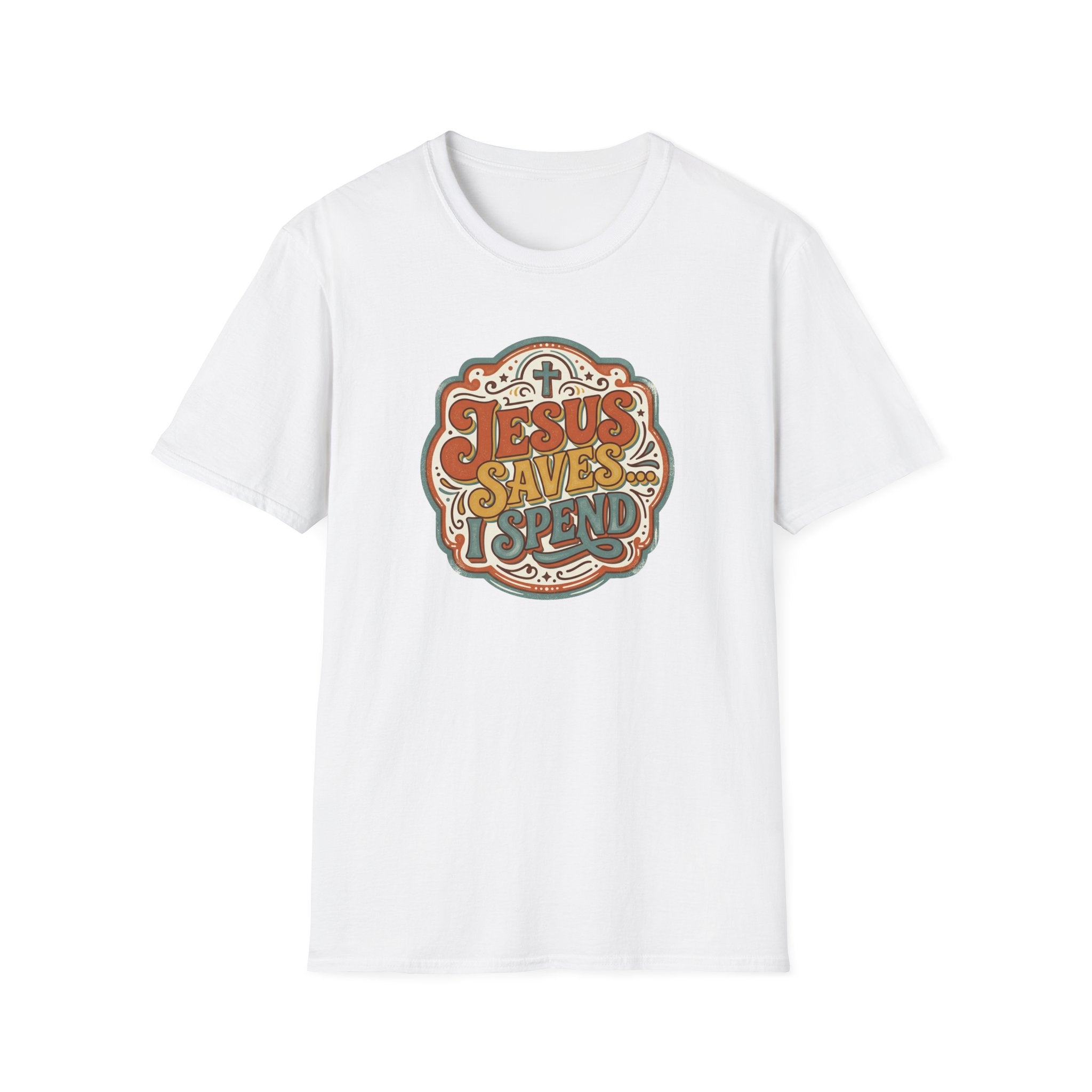 Christian T-Shirt — "Jesus Saves" Vintage Script Faith Tee