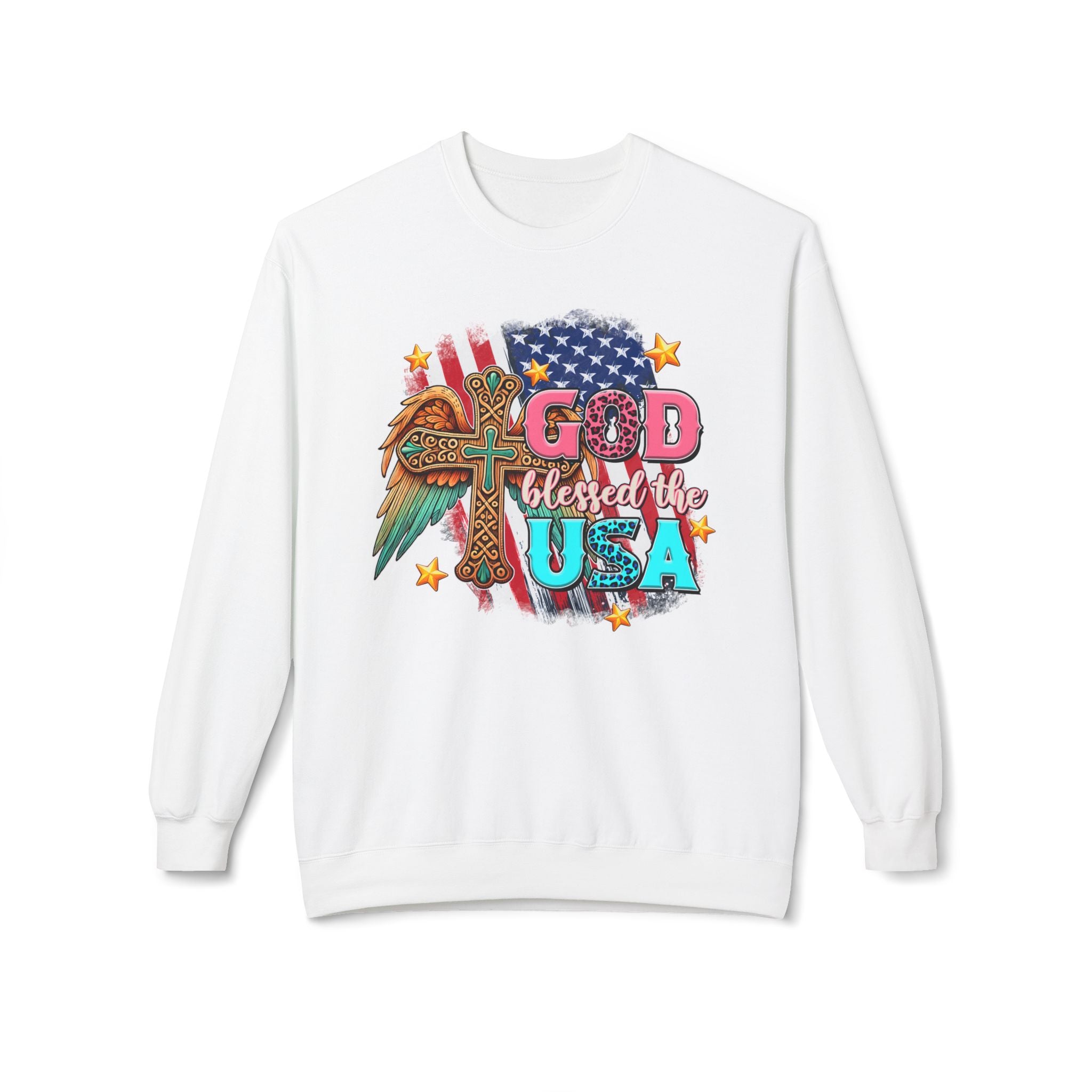 God Blessed the USA Crewneck Sweatshirt — Patriotic Christian American Flag Design