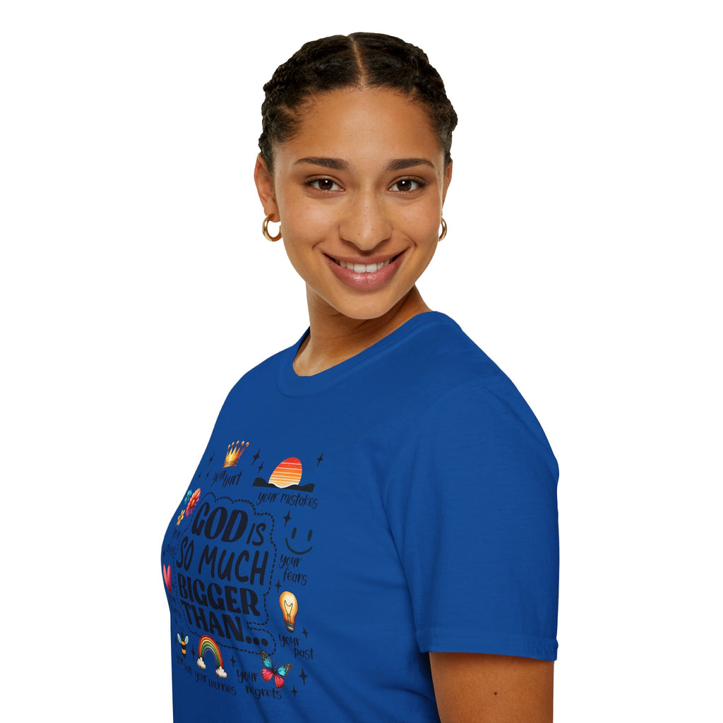 God Is So Much Bigger Than… T‑Shirt — Inspirational Christian Faith Tee with Cute Icons
