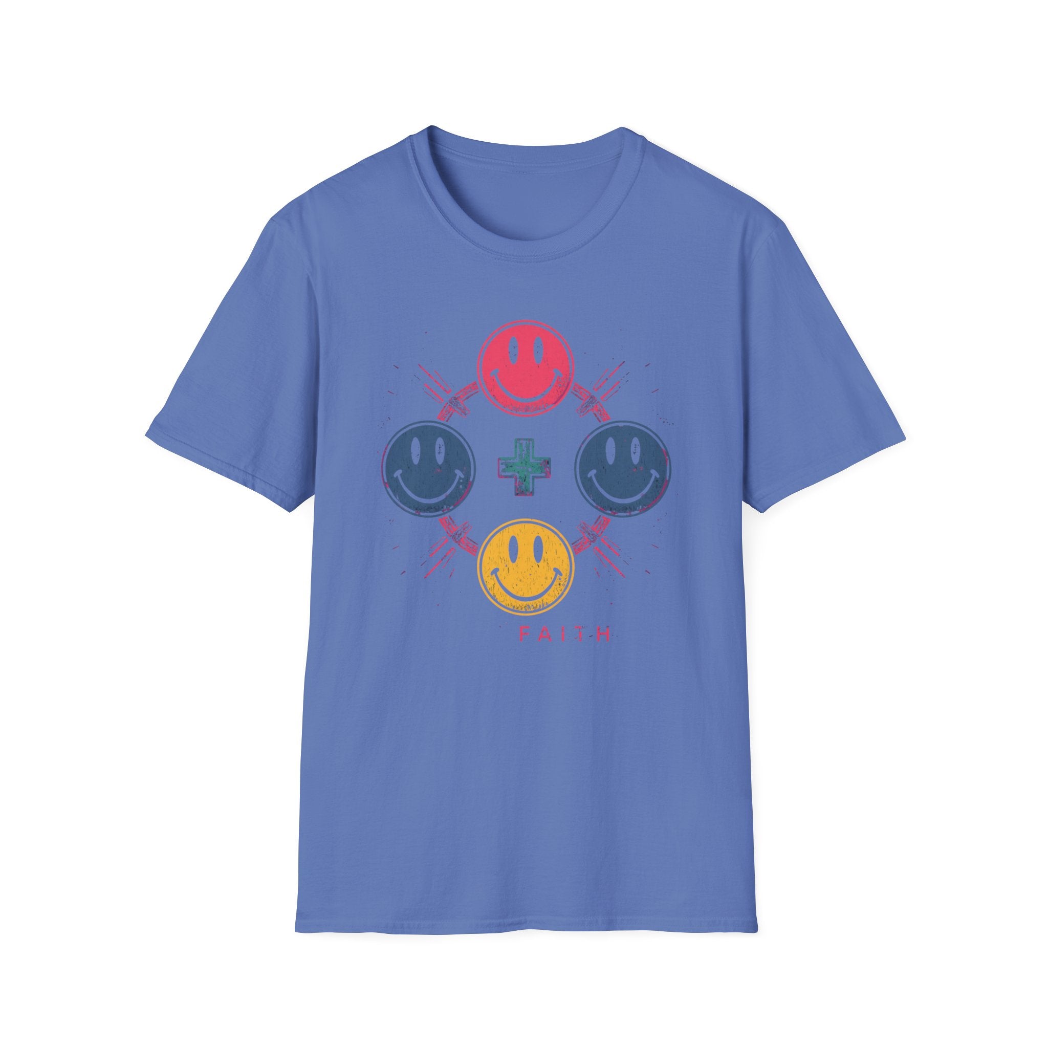Faith Smiley Cross T-Shirt — Colorful Retro Smile Faces Graphic Tee