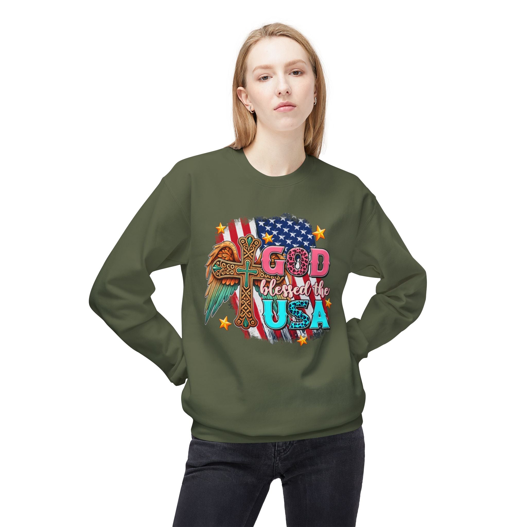 God Blessed the USA Crewneck Sweatshirt — Patriotic Christian American Flag Design
