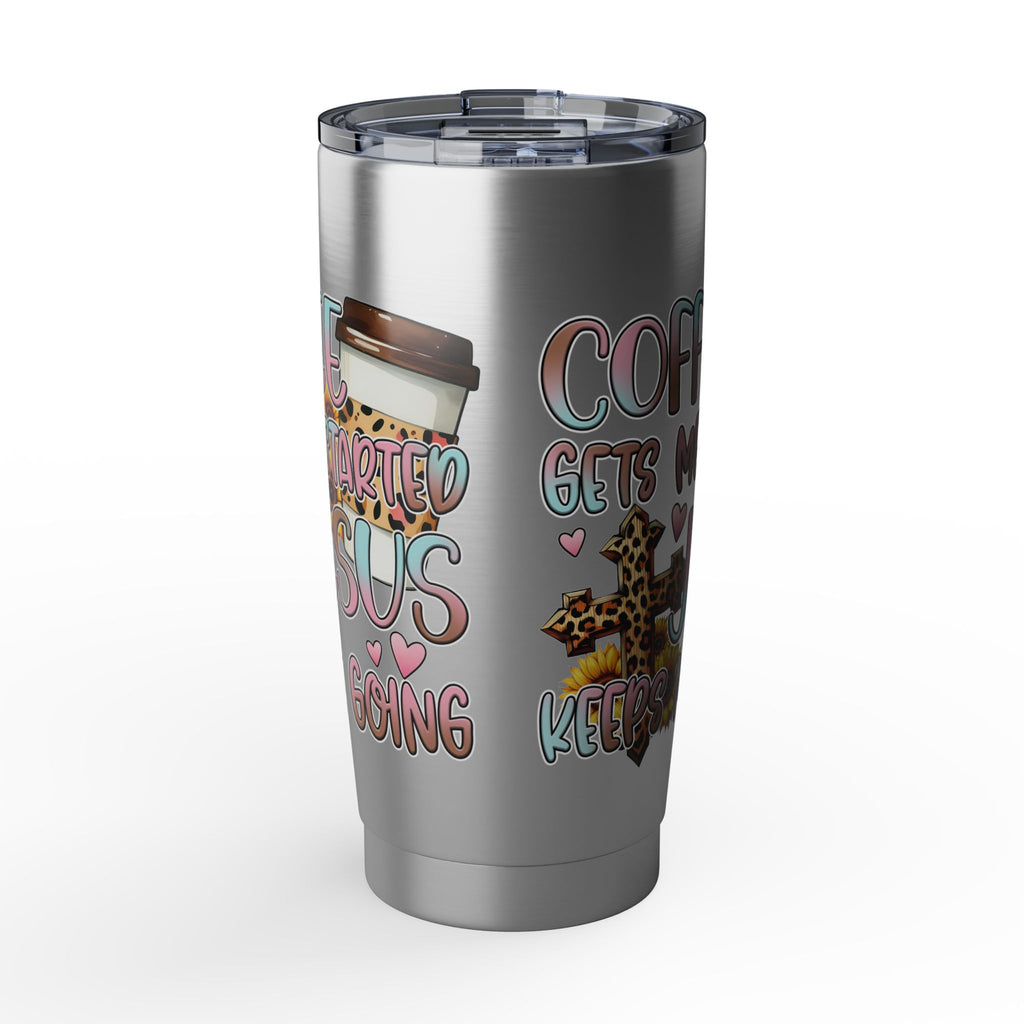 20oz Travel Tumbler — “Coffee Gets Me Through Keeping” Leopard & Coffee Cup Design