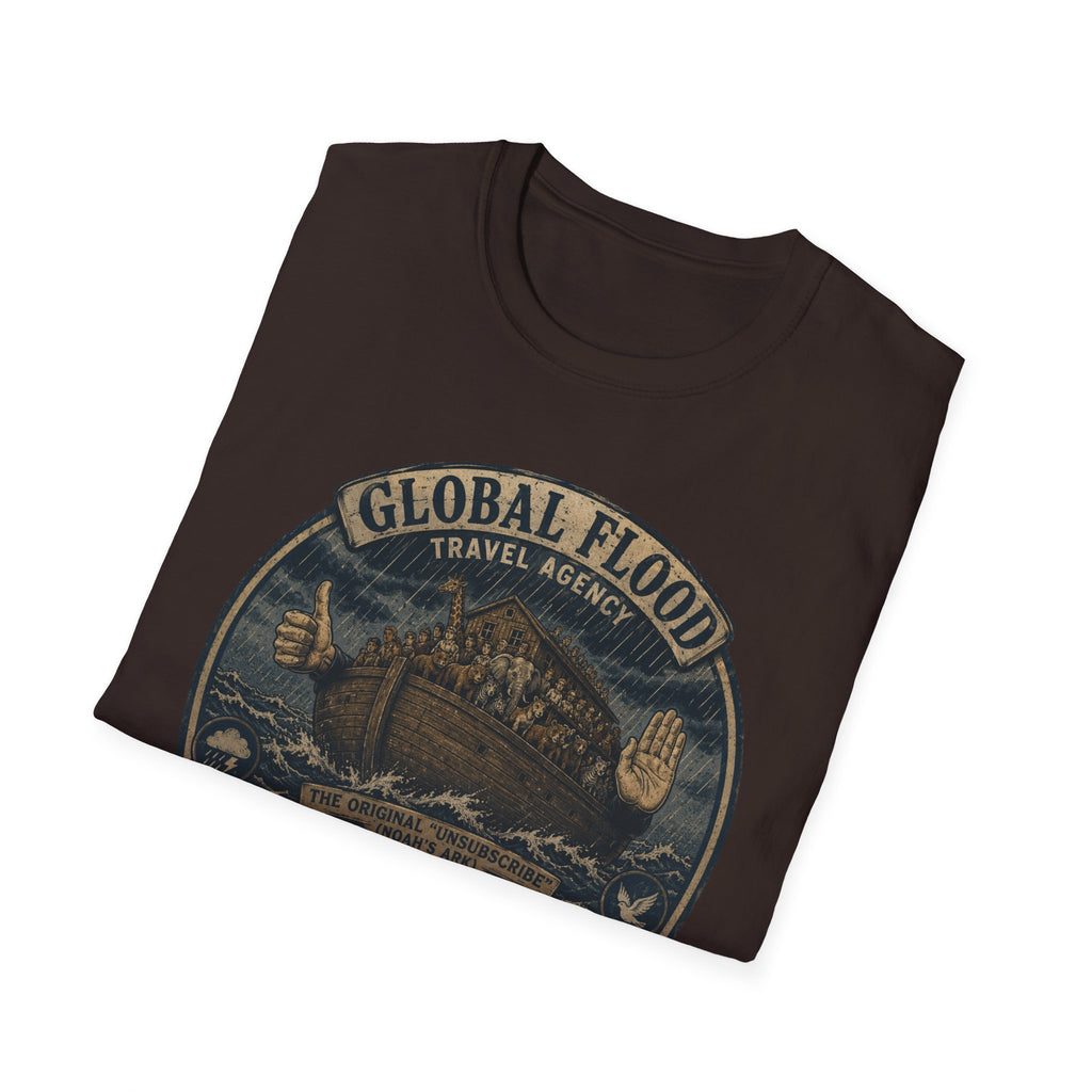 Global Flood Travel Badge T-Shirt – Vintage Ark Graphic Tee ("Unsubscribe from Humanity")