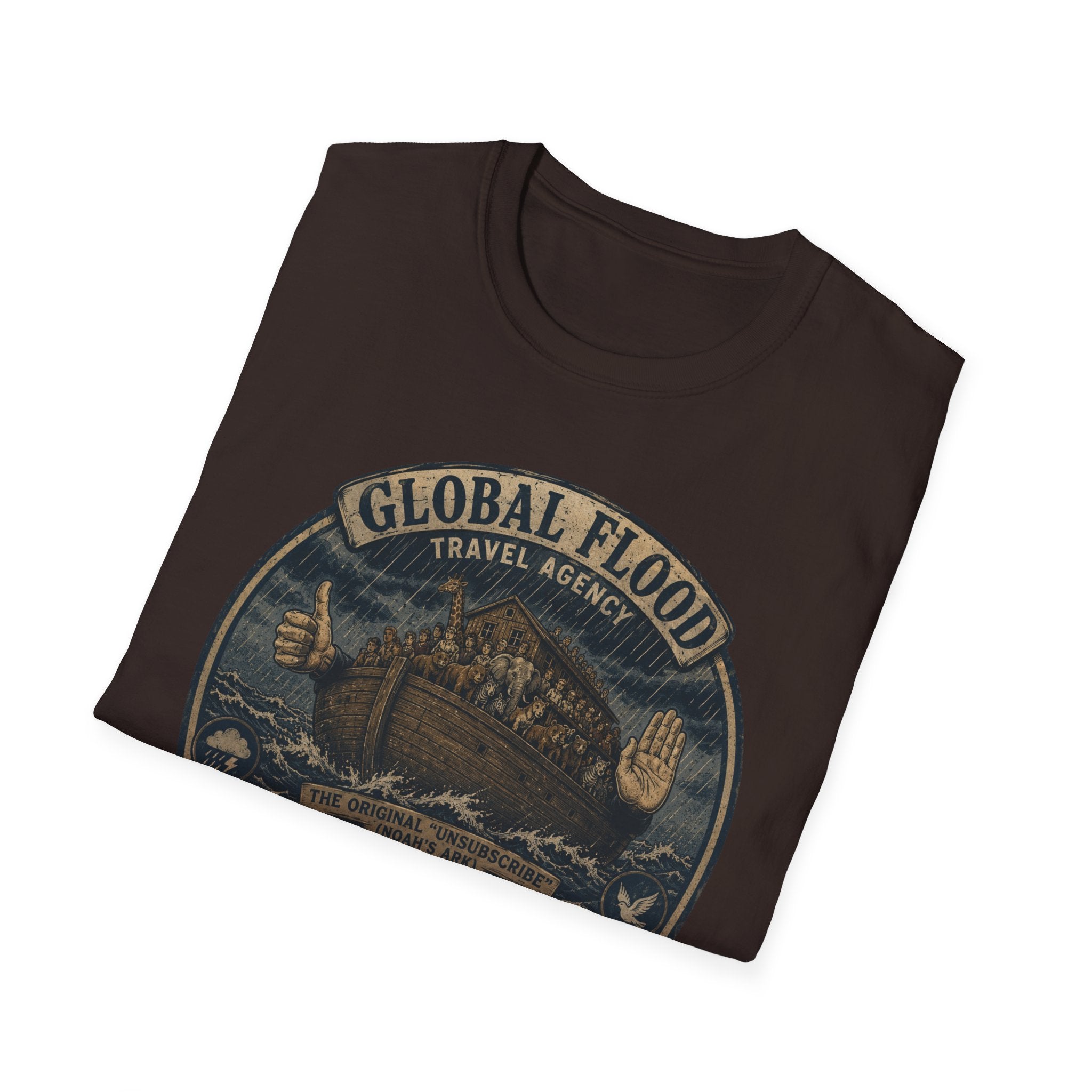 Global Flood Travel Badge T-Shirt – Vintage Ark Graphic Tee ("Unsubscribe from Humanity")