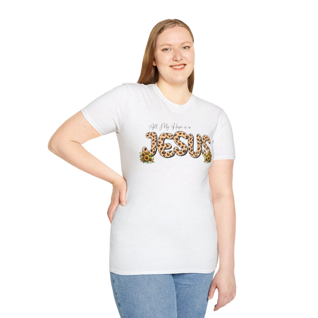 Jesus Leopard Print T-Shirt — "All My Hope Is In Jesus" Floral Faith Tee