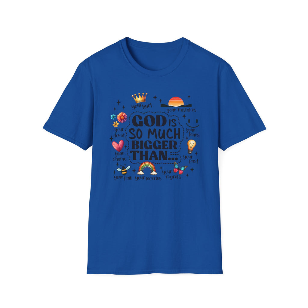 God Is So Much Bigger Than… T‑Shirt — Inspirational Christian Faith Tee with Cute Icons