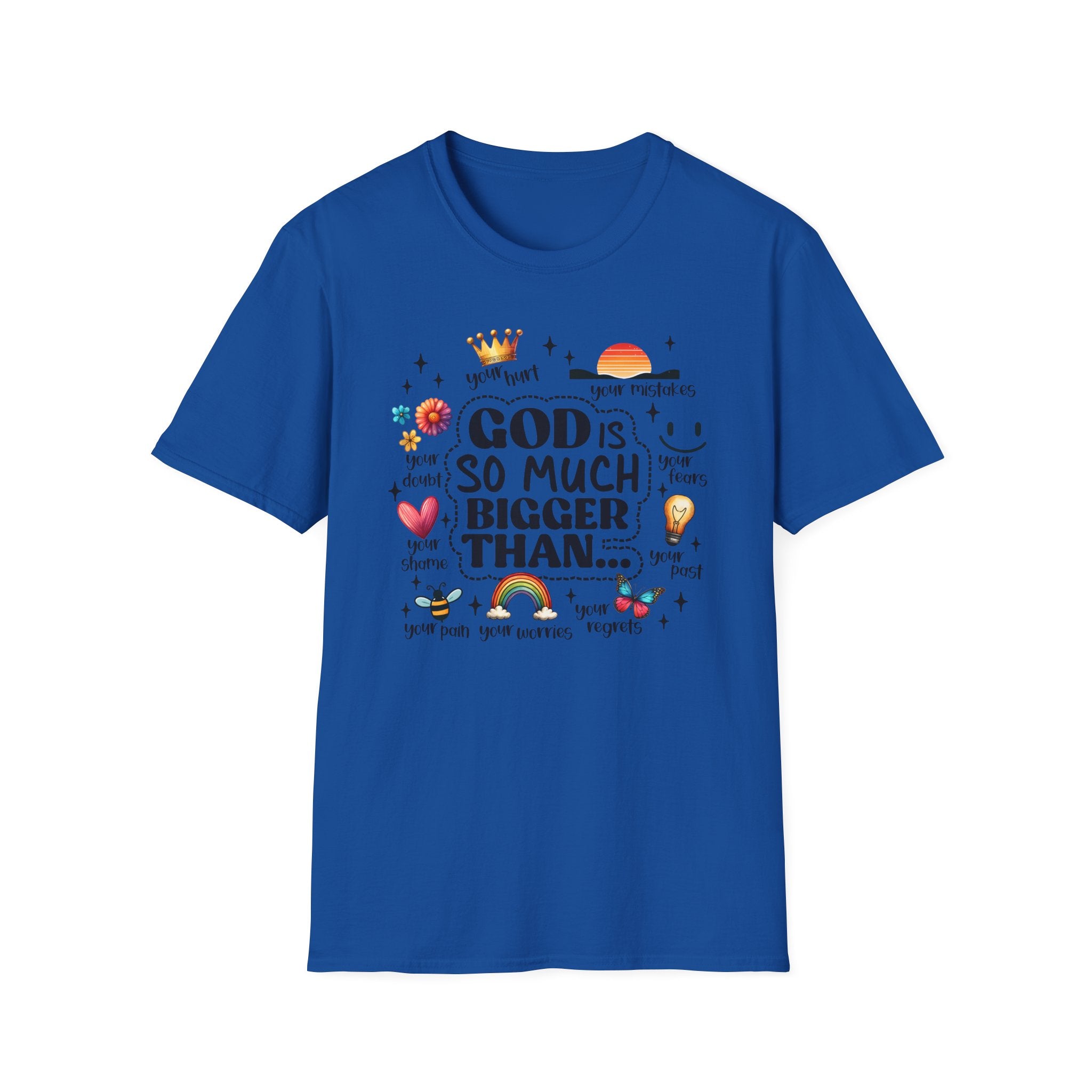 God Is So Much Bigger Than… T‑Shirt — Inspirational Christian Faith Tee with Cute Icons