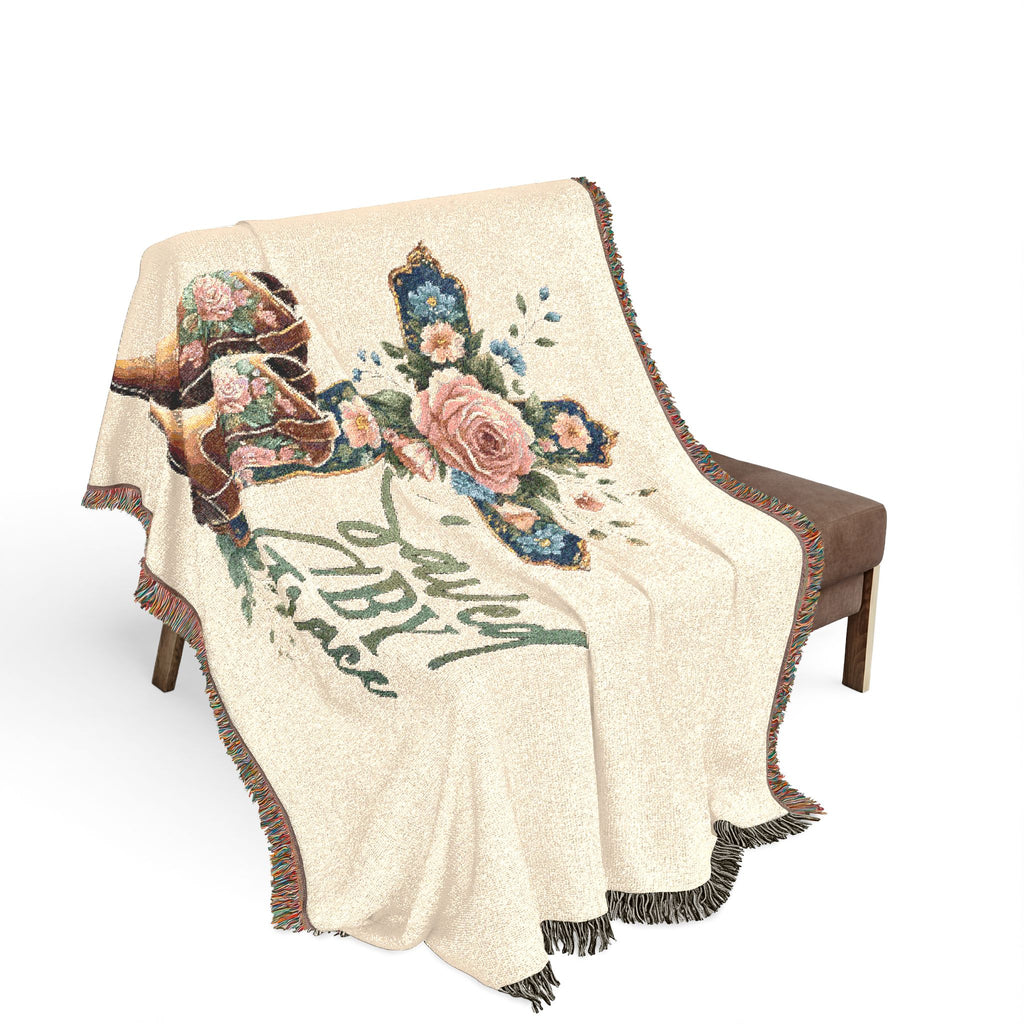 Saved By Grace Woven Blanket — Floral Cross & Cowboy Boots Throw