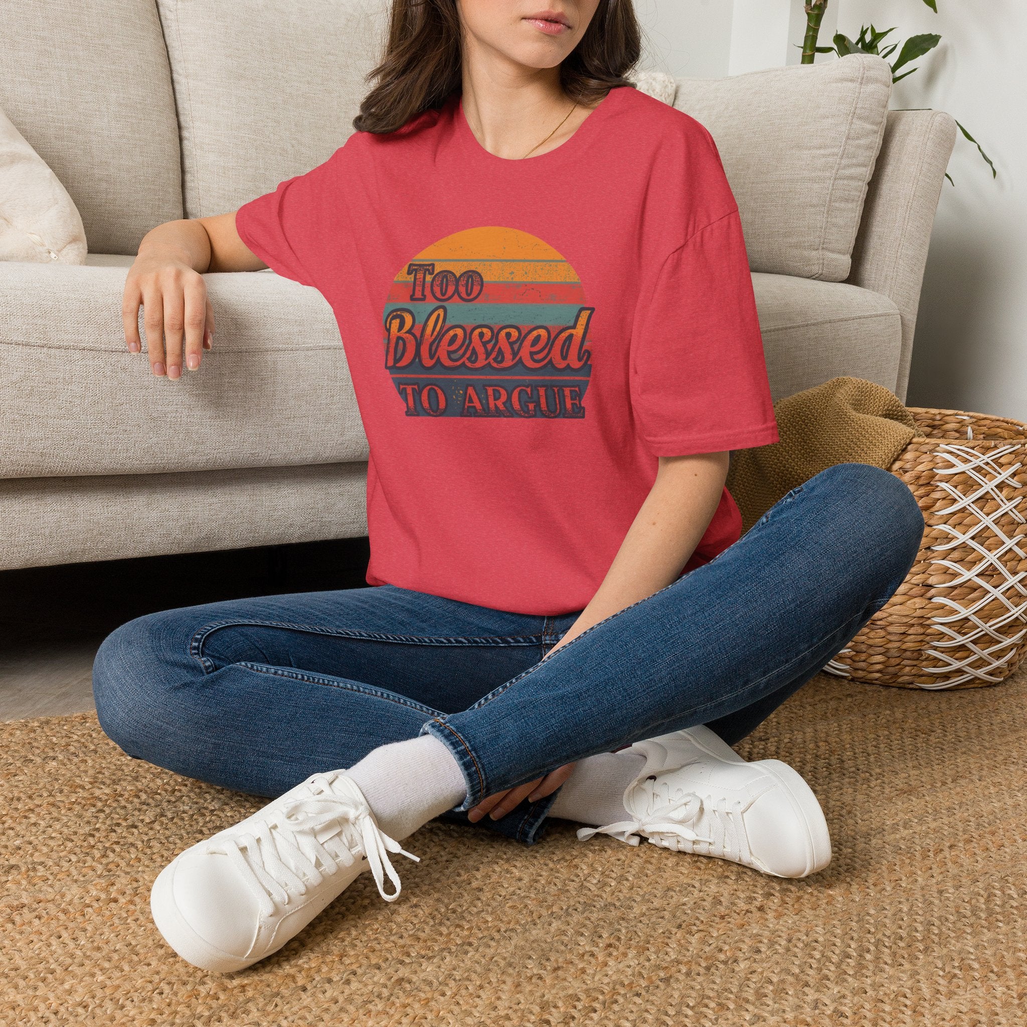 Too Blessed To Argue T-Shirt — Retro Sunset Faith Graphic Tee
