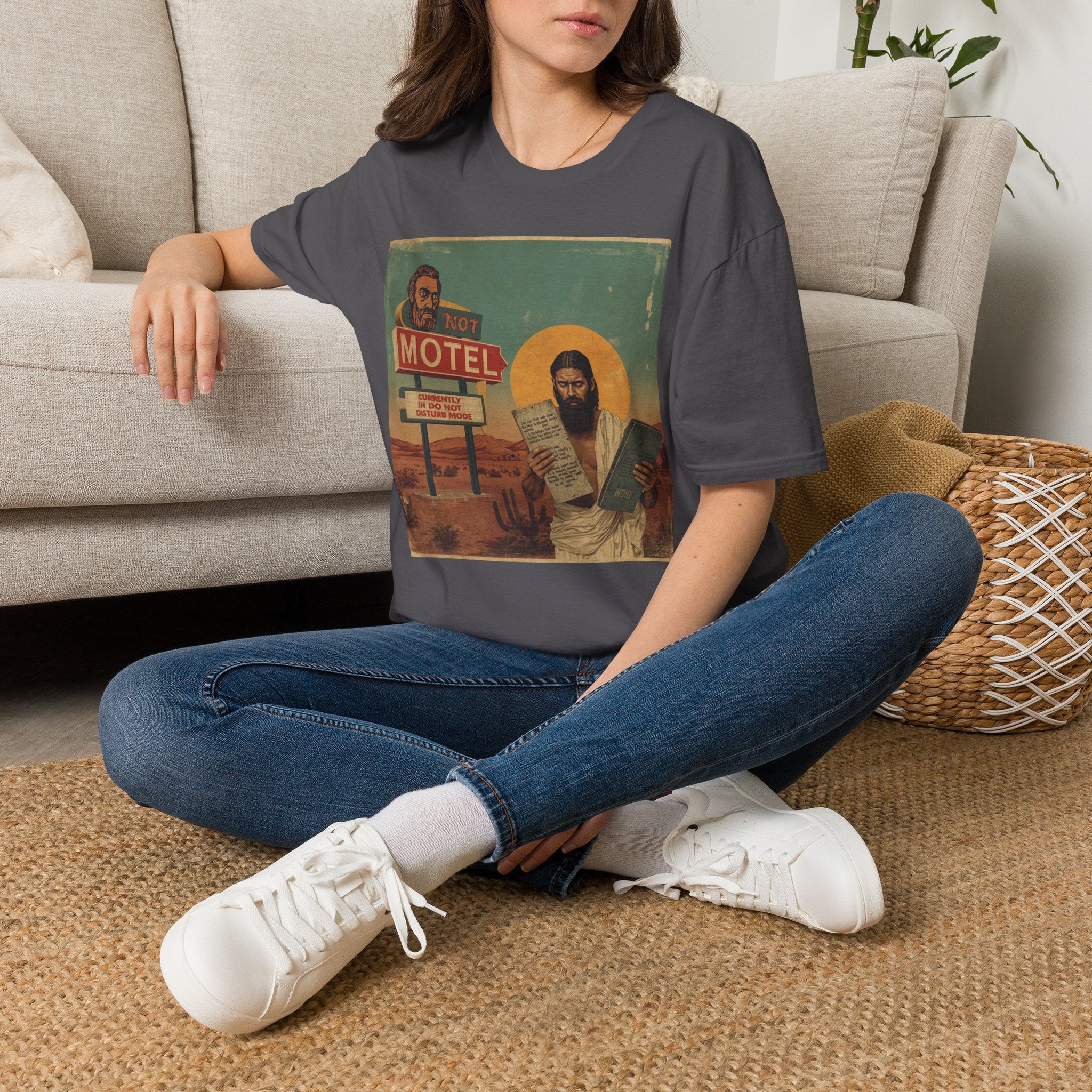 Desert Motel Graphic T‑Shirt — Vintage Roadside Jesus Art Tee