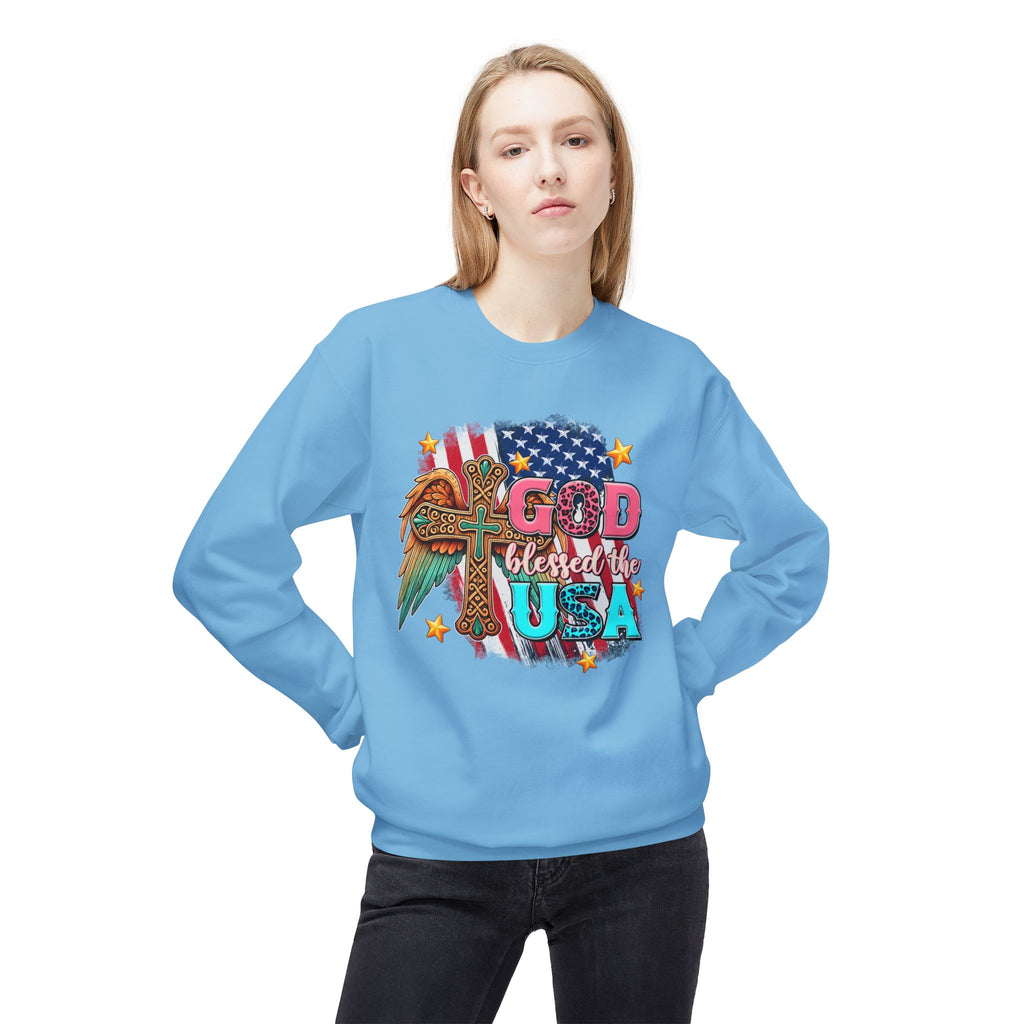 God Blessed the USA Crewneck Sweatshirt — Patriotic Christian American Flag Design
