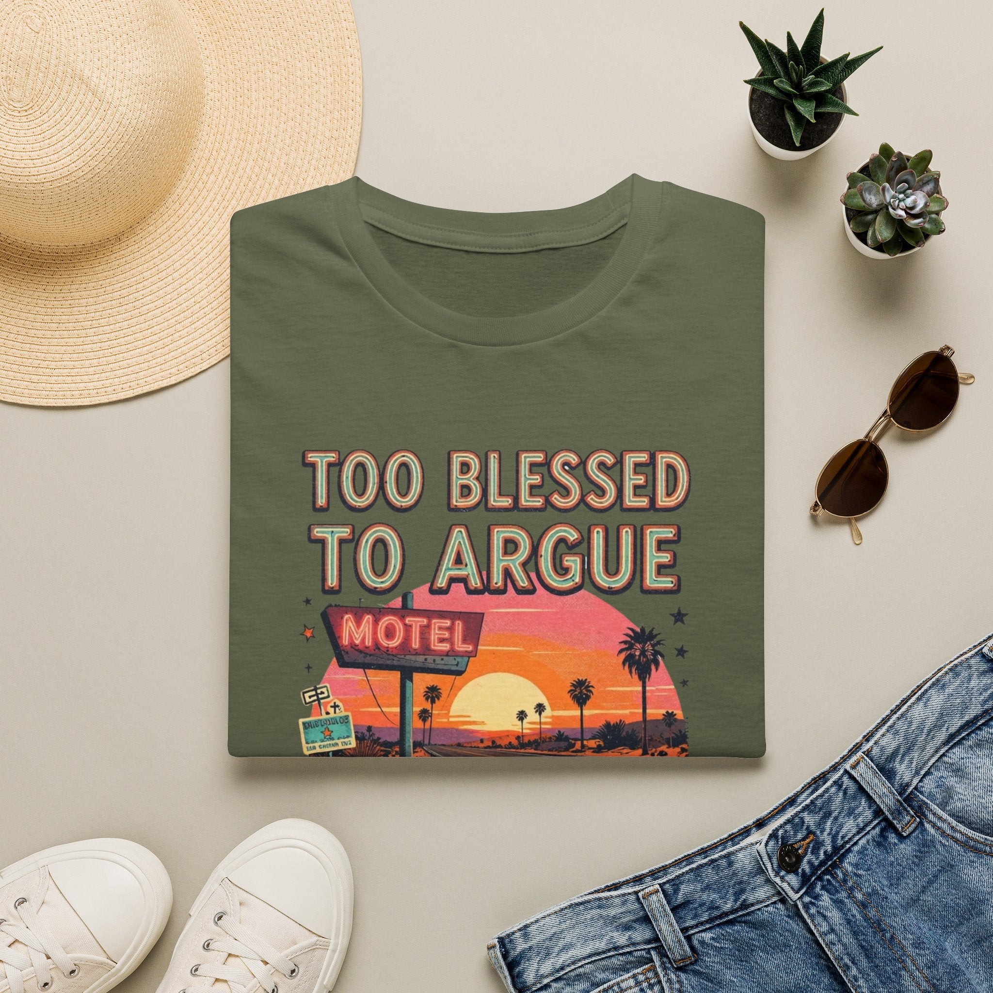 Too Blessed to Argue T-Shirt — Retro Sunset Motel Graphic