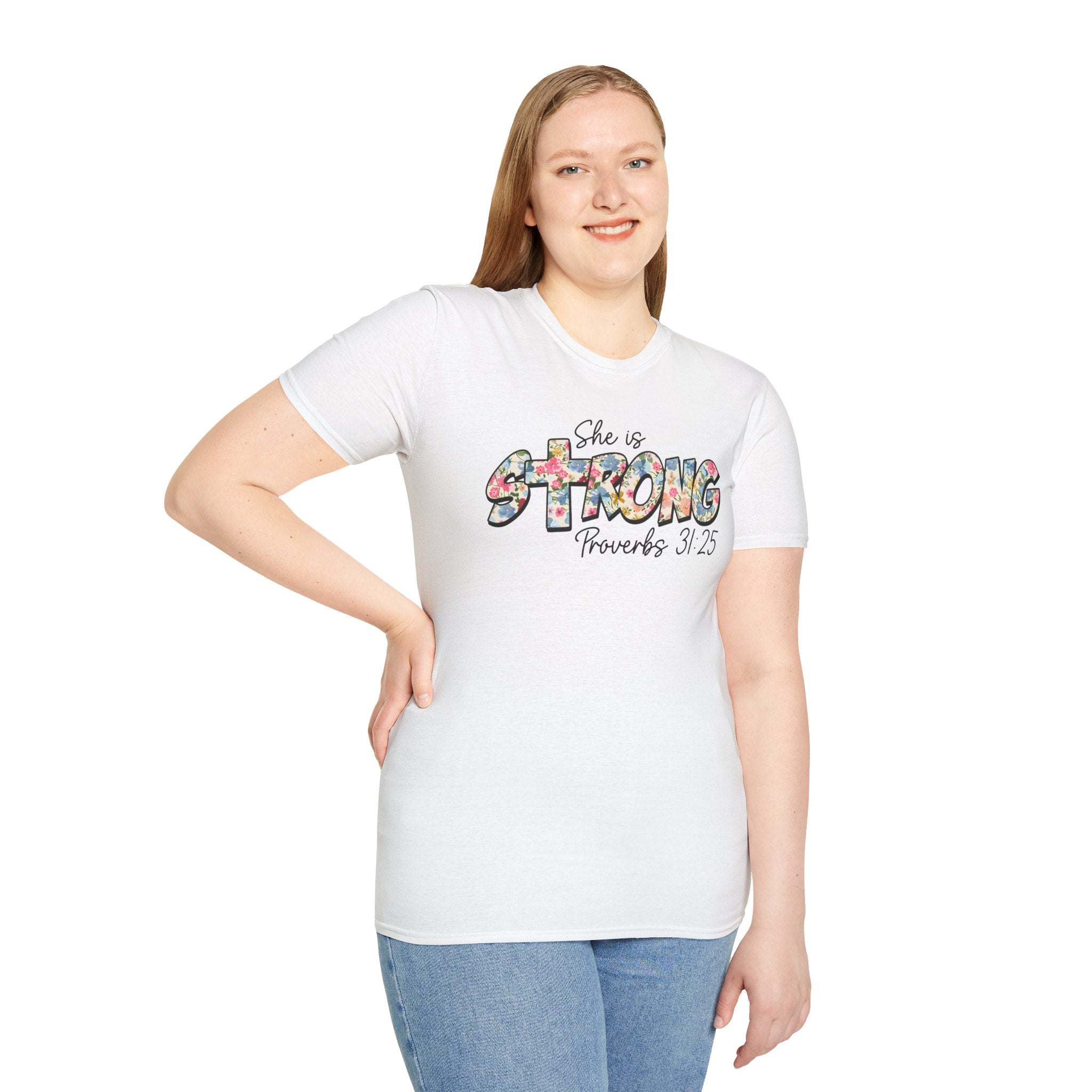 She Is Strong Floral T‑Shirt — Proverbs 31:25 Inspirational Women’s Tee