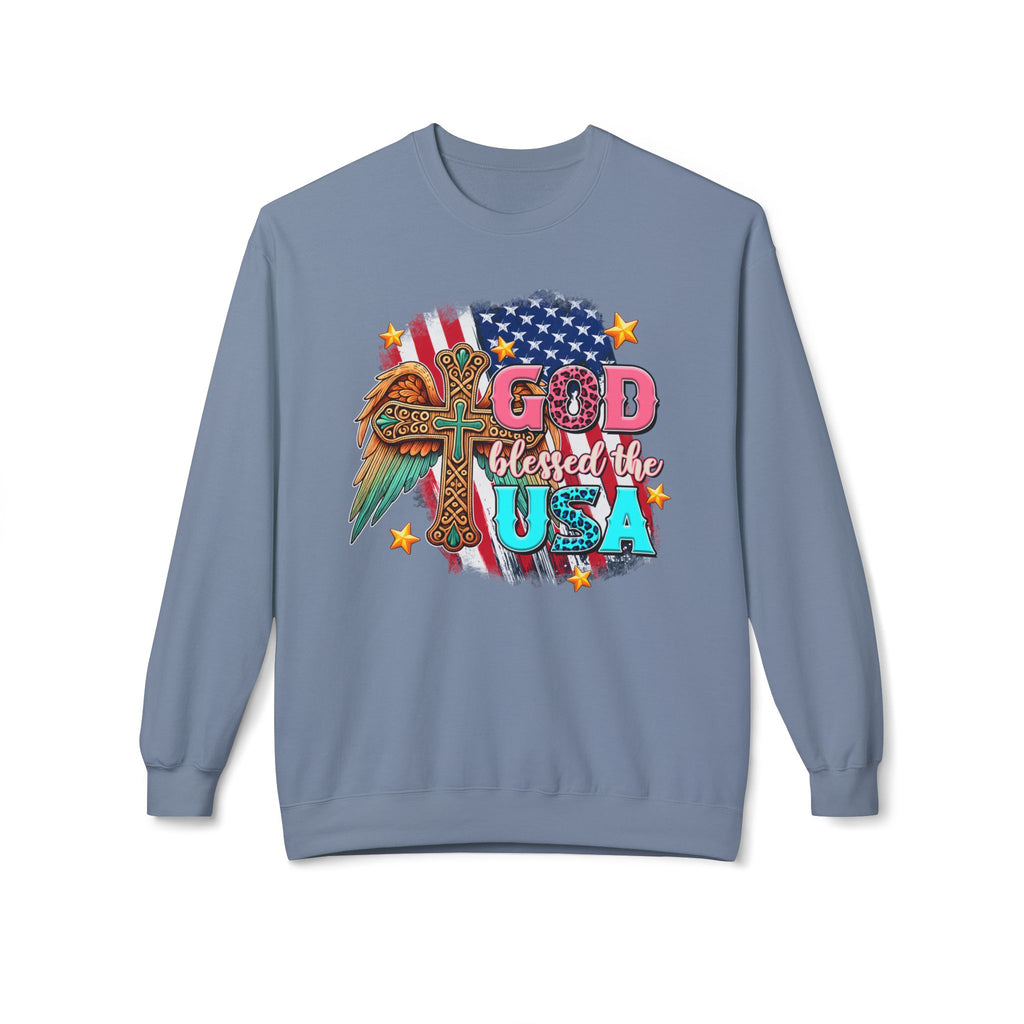 God Blessed the USA Crewneck Sweatshirt — Patriotic Christian American Flag Design