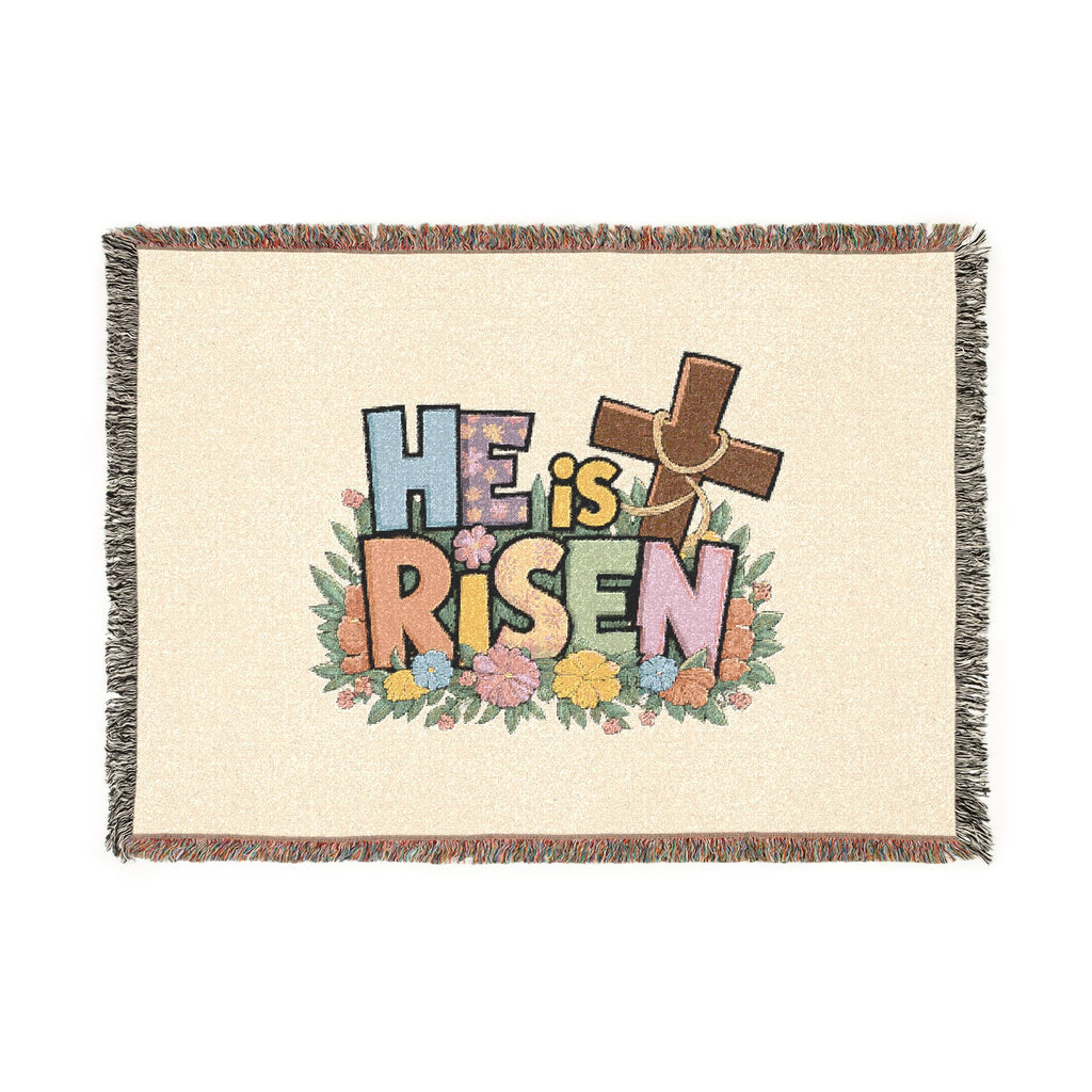 He Is Risen Woven Blanket — Easter Cross Floral Throw