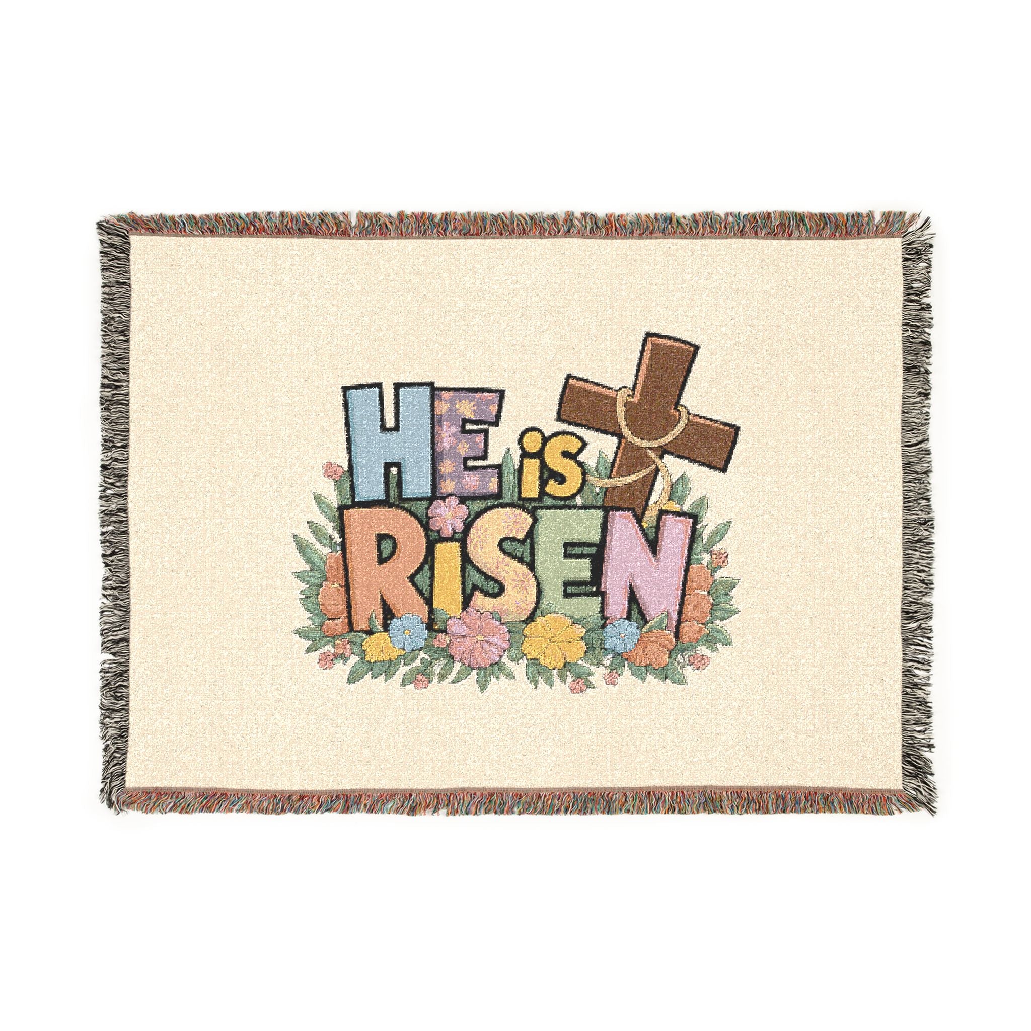 He Is Risen Woven Blanket — Easter Cross Floral Throw