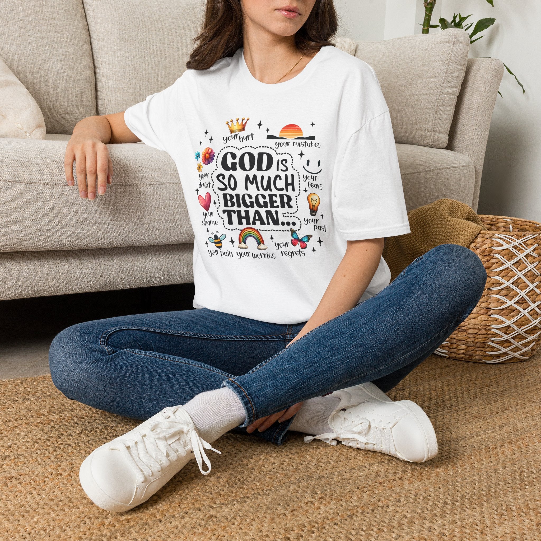 God Is So Much Bigger Than… T‑Shirt — Inspirational Christian Faith Tee with Cute Icons