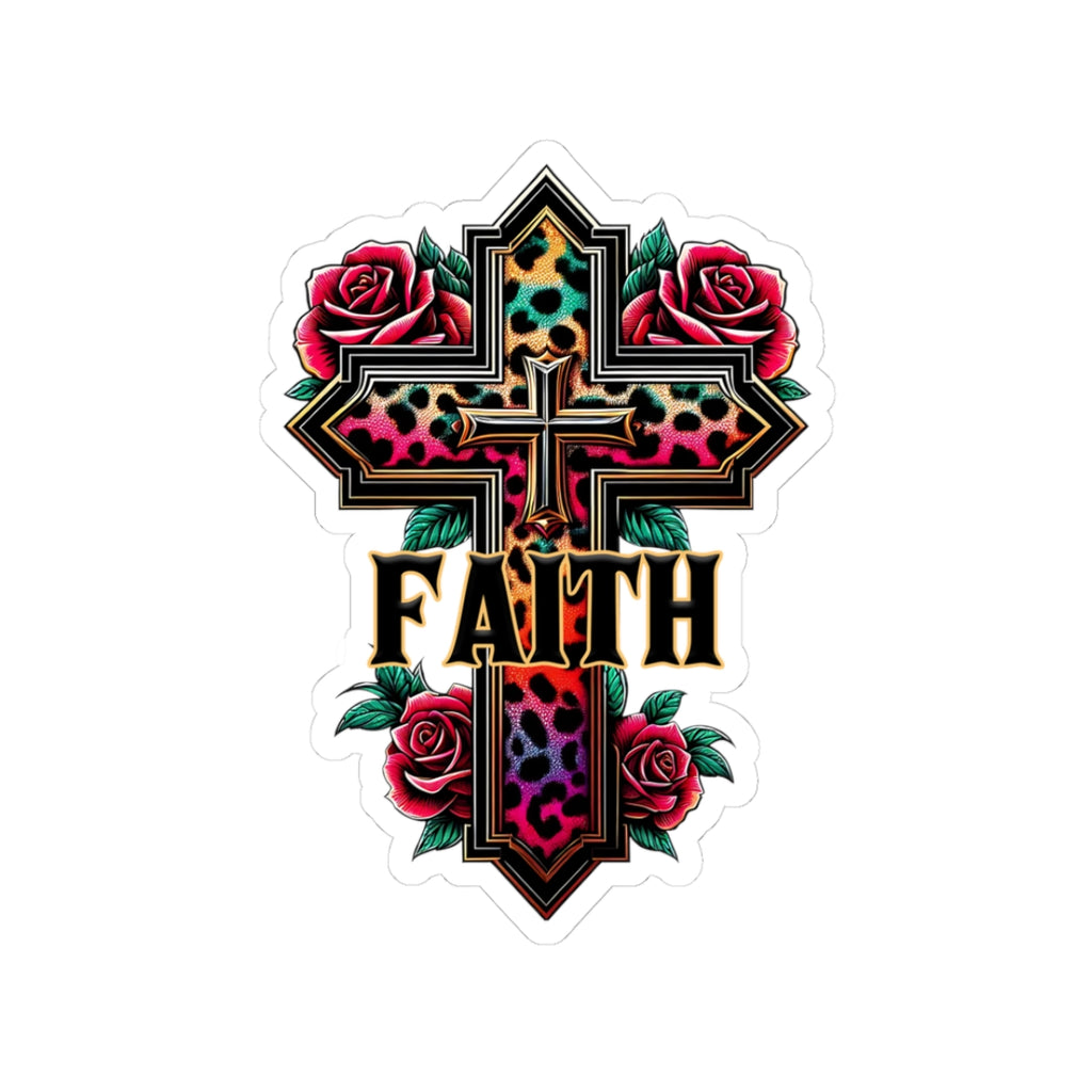 Faith Leopard Cross Kiss-Cut Sticker — Floral Rose Christian Decal