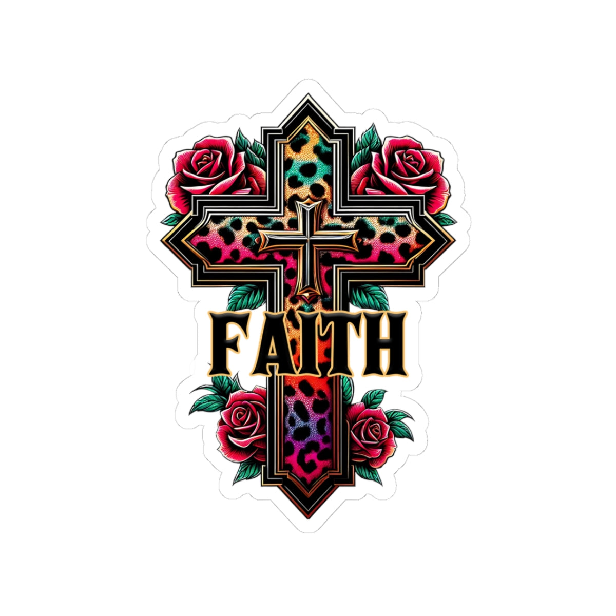 Faith Leopard Cross Kiss-Cut Sticker — Floral Rose Christian Decal