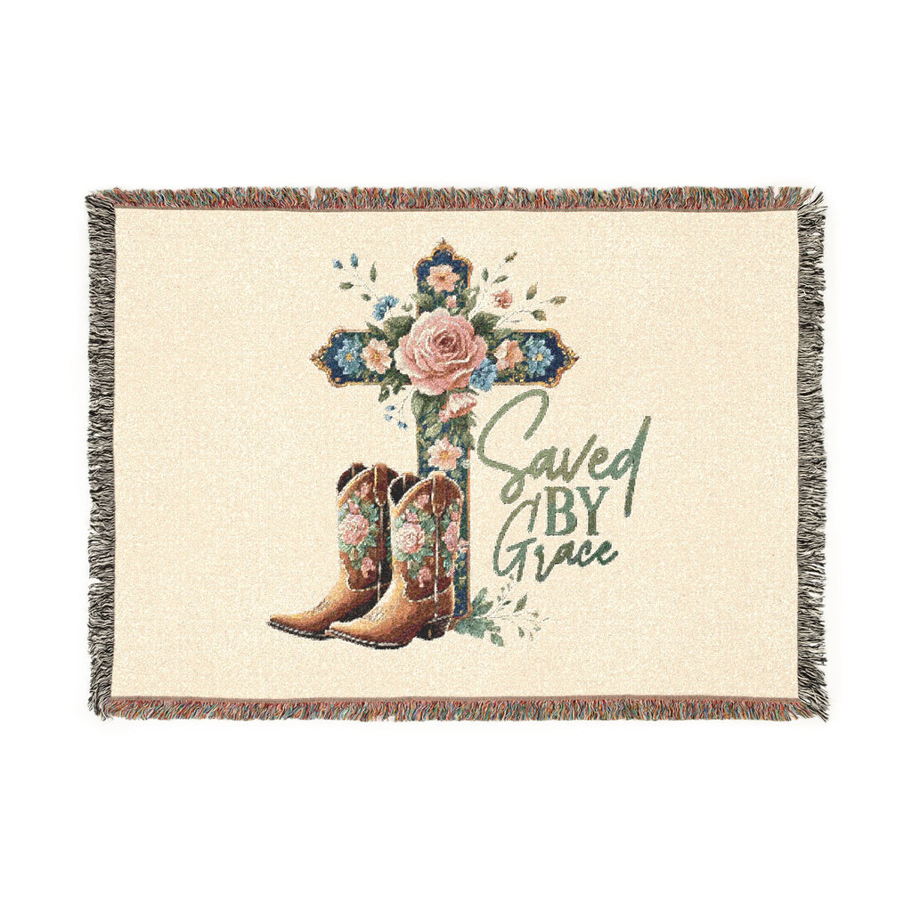 Saved By Grace Woven Blanket — Floral Cross & Cowboy Boots Throw