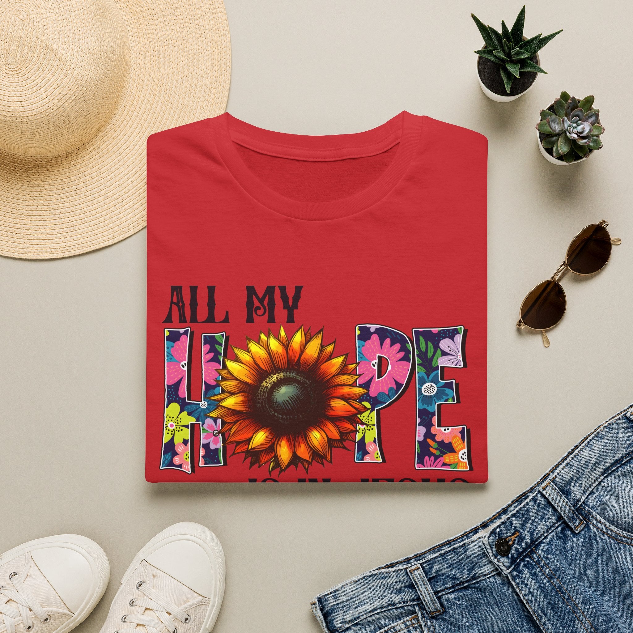 Faith T-Shirt — “All My Hope Is In Jesus” Sunflower Floral Design