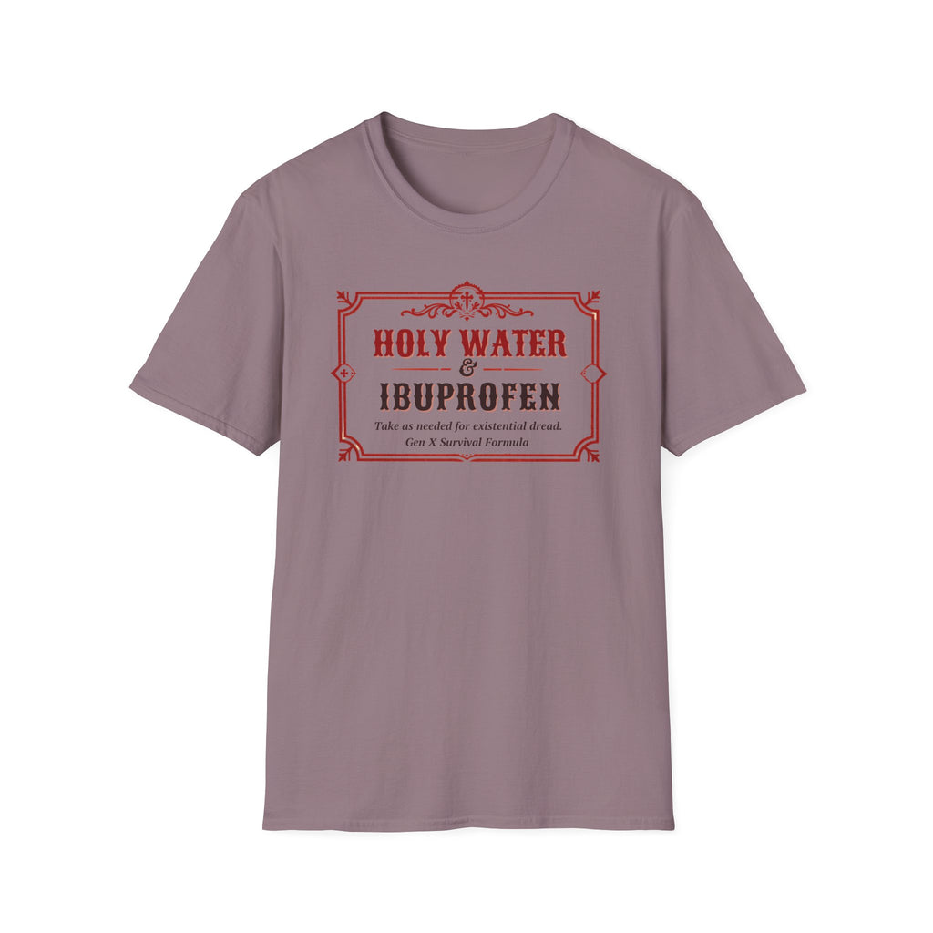 Holy Water & Ibuprofen T-Shirt — Funny Gen X Survival Tee