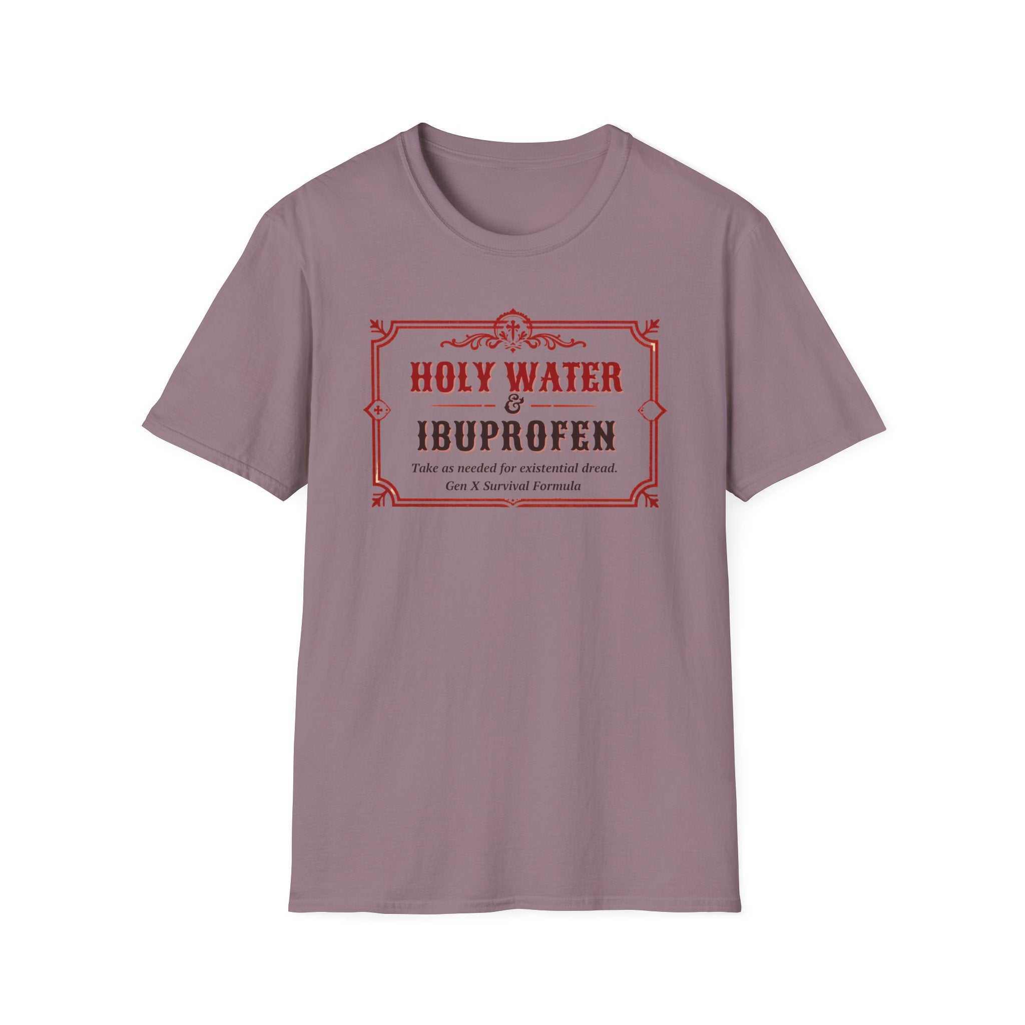 Holy Water & Ibuprofen T-Shirt — Funny Gen X Survival Tee