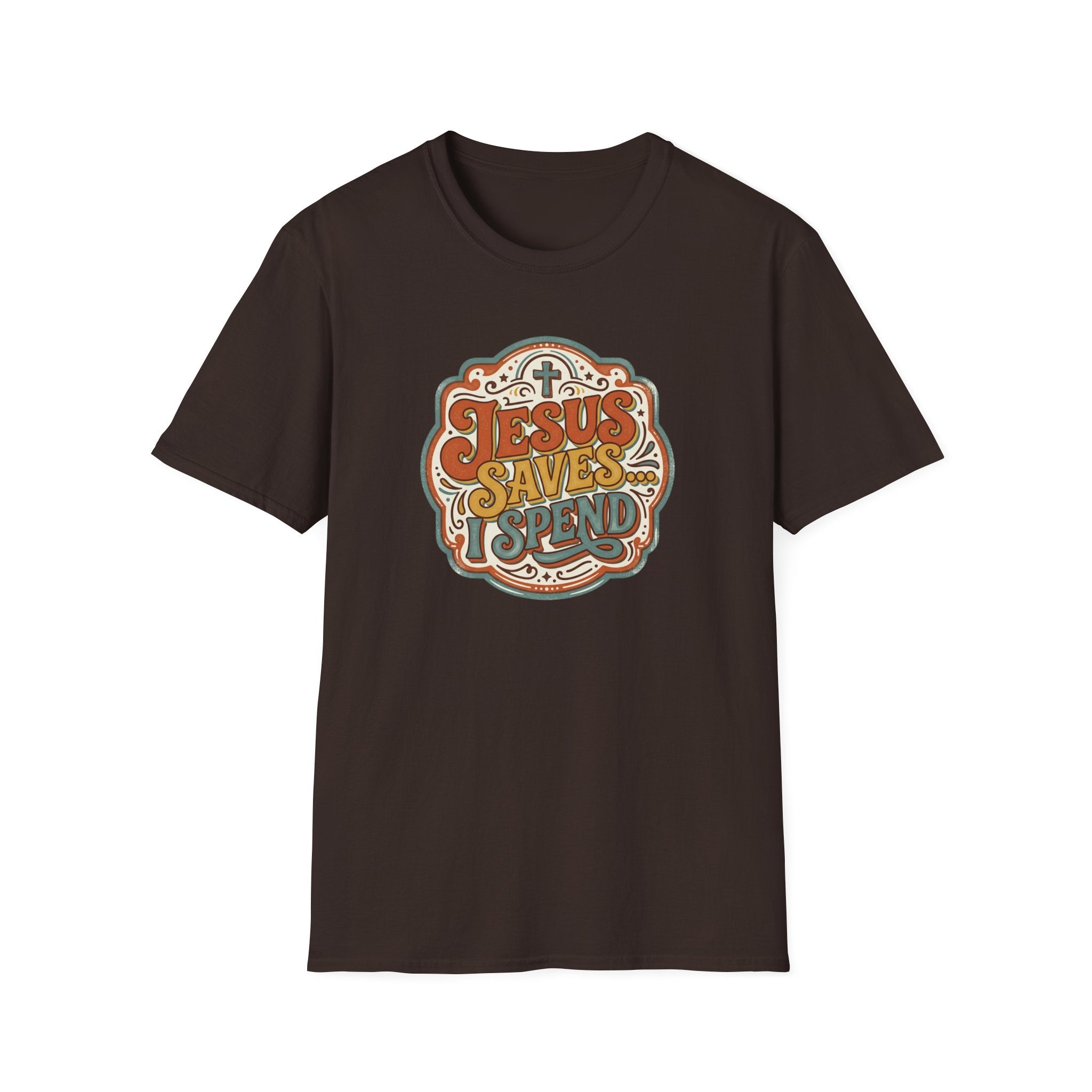 Christian T-Shirt — "Jesus Saves" Vintage Script Faith Tee