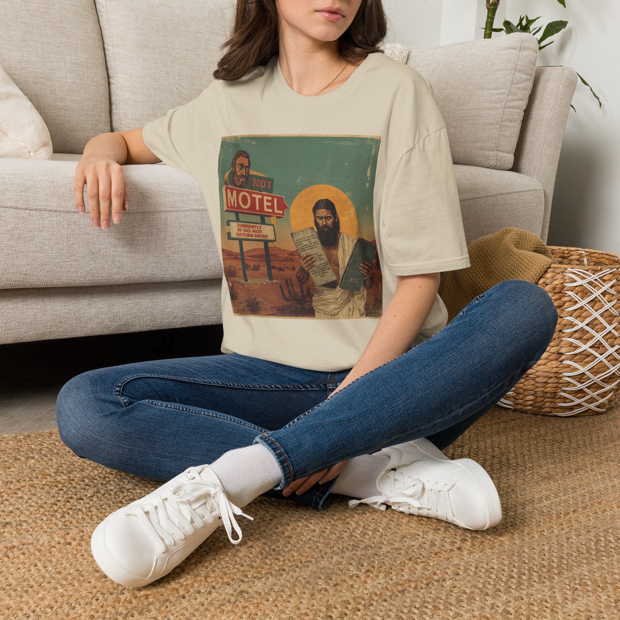 Desert Motel Graphic T‑Shirt — Vintage Roadside Jesus Art Tee
