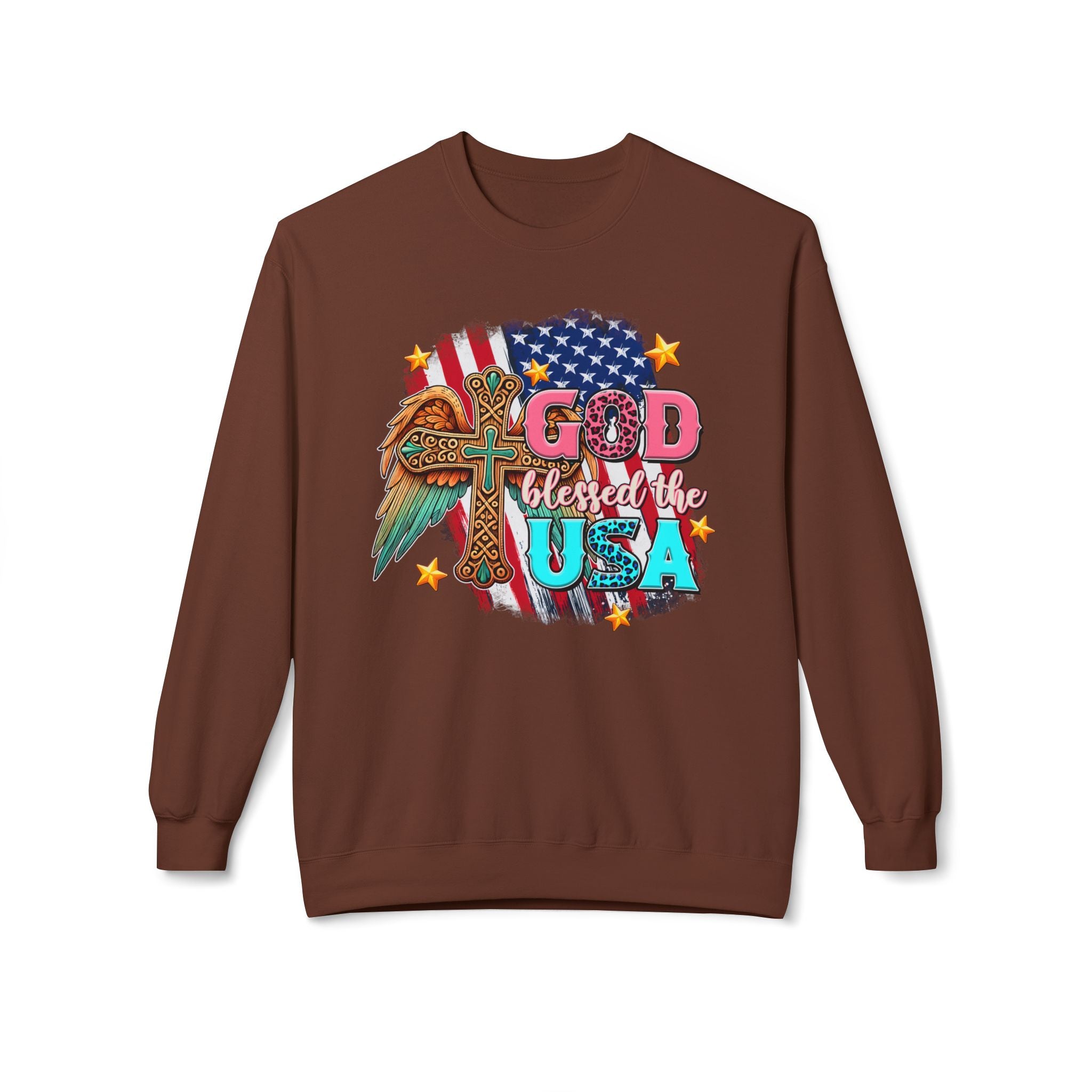 God Blessed the USA Crewneck Sweatshirt — Patriotic Christian American Flag Design