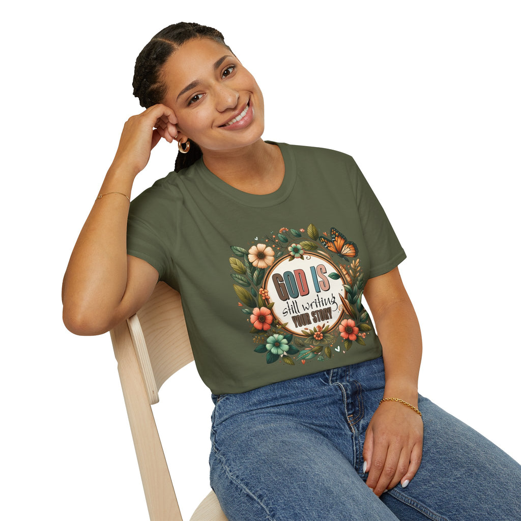 Inspirational T-Shirt — "God Is Still Writing Your Story" Floral Faith Tee
