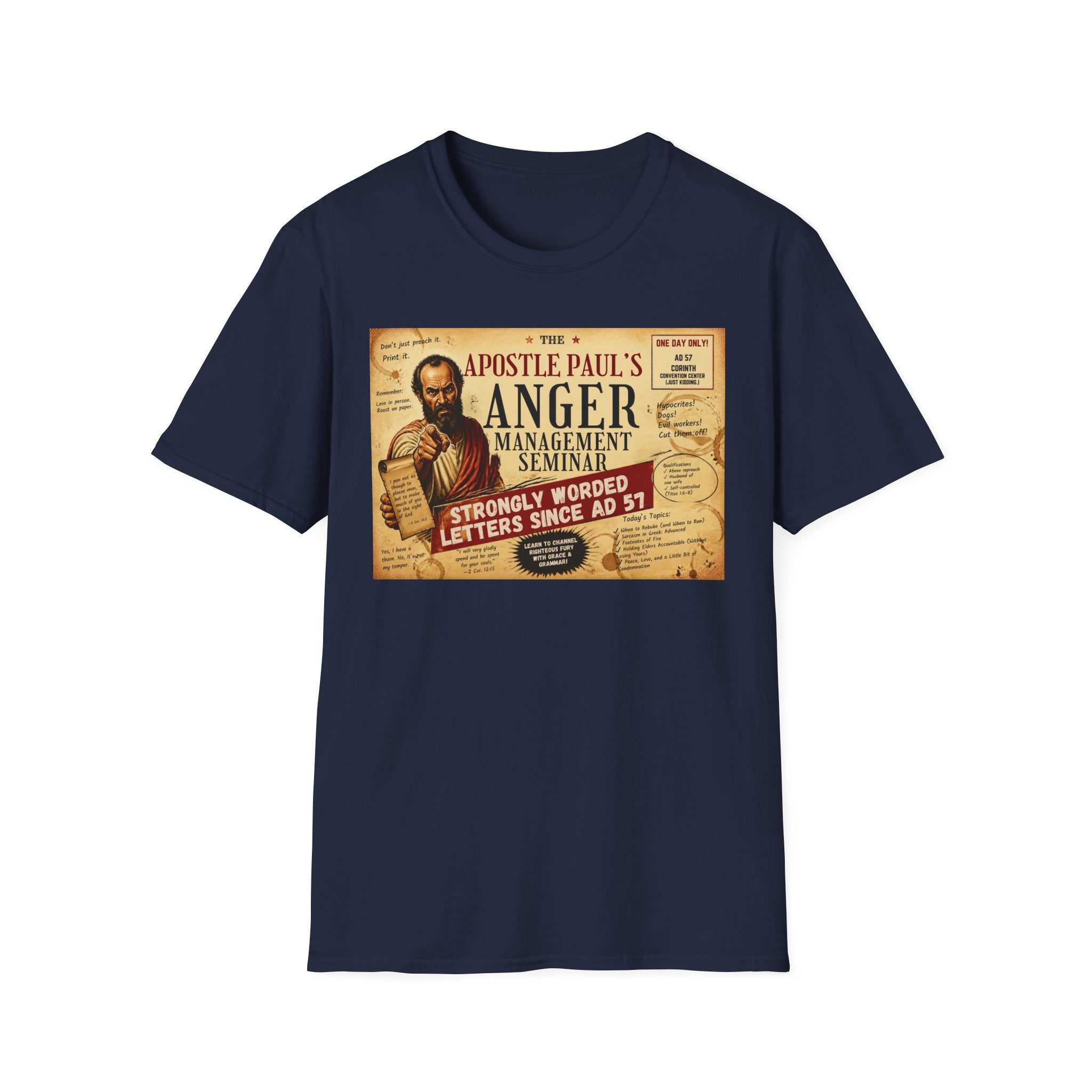 T-Shirt — "Apostle Paul's Anger Management Seminar" Vintage Christian Humor Tee
