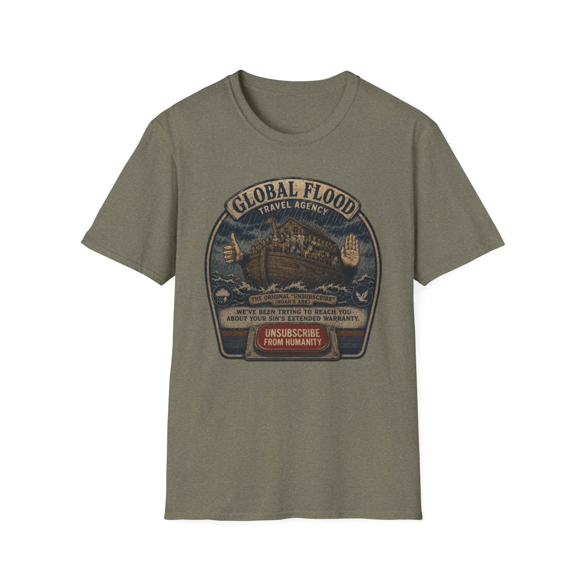 Global Flood Travel Badge T-Shirt – Vintage Ark Graphic Tee ("Unsubscribe from Humanity")