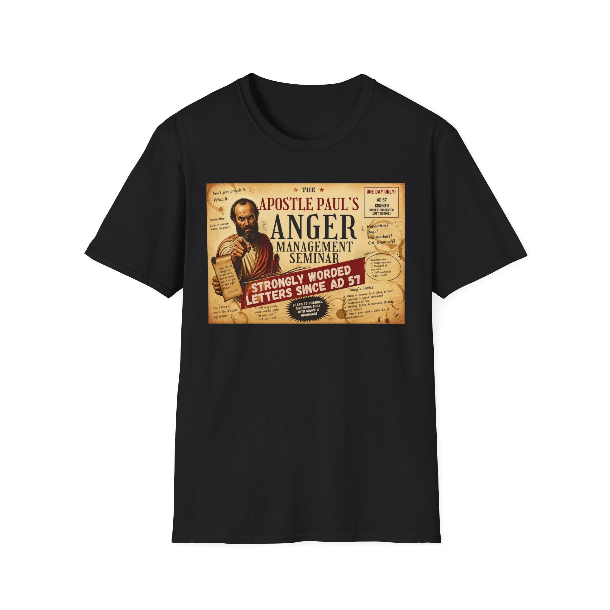 T-Shirt — "Apostle Paul's Anger Management Seminar" Vintage Christian Humor Tee
