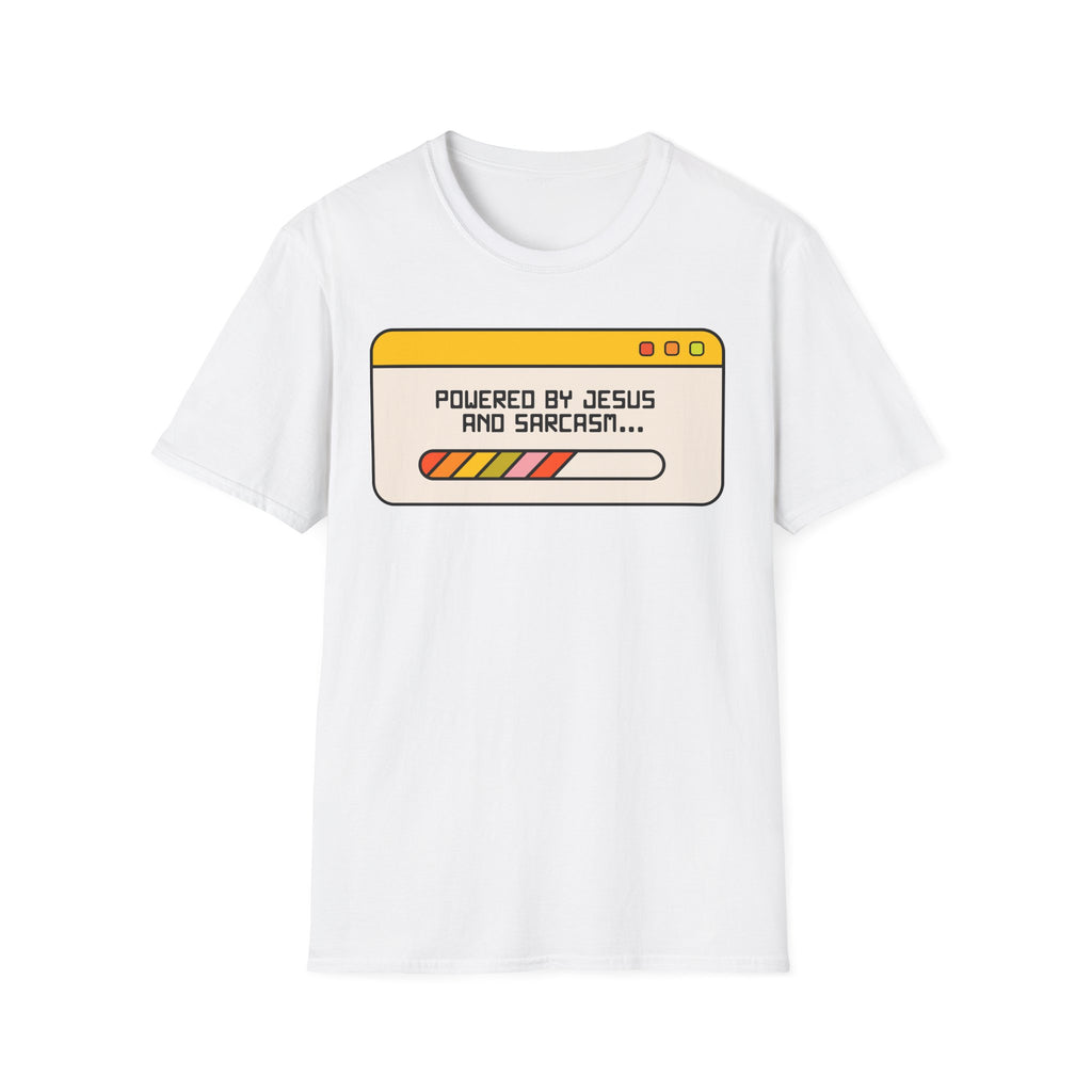 T-Shirt — "Powered by Jesus and Sarcasm" Graphic Tee