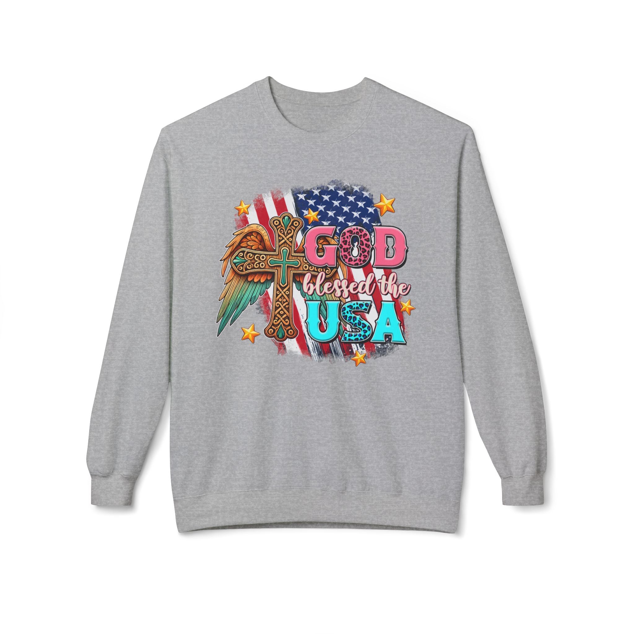 God Blessed the USA Crewneck Sweatshirt — Patriotic Christian American Flag Design