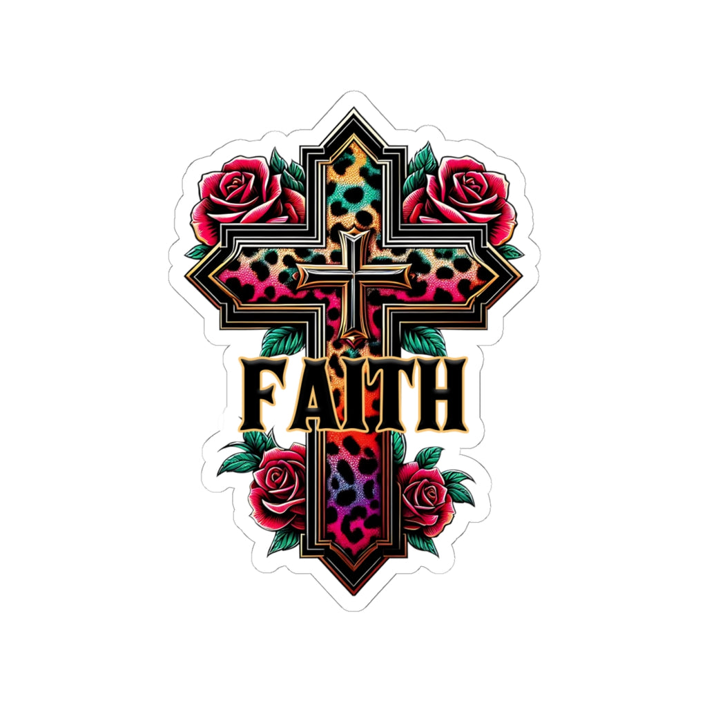 Faith Leopard Cross Kiss-Cut Sticker — Floral Rose Christian Decal