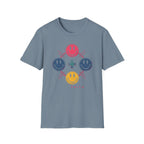 Faith Smiley Cross T-Shirt — Colorful Retro Smile Faces Graphic Tee