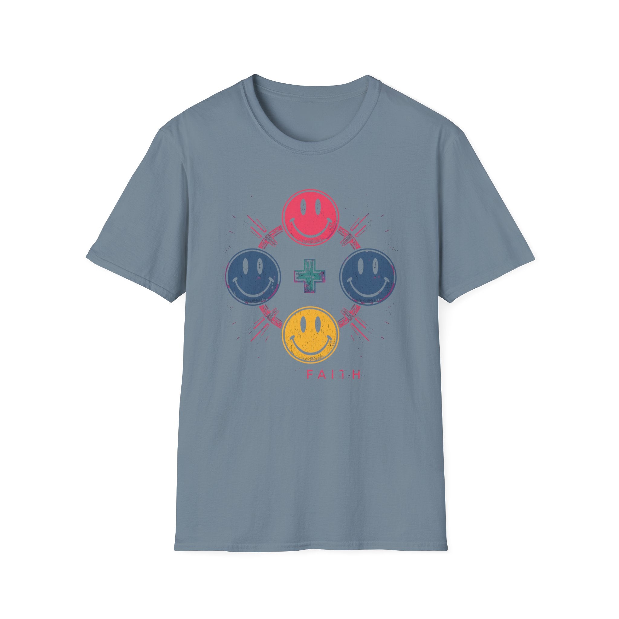 Faith Smiley Cross T-Shirt — Colorful Retro Smile Faces Graphic Tee