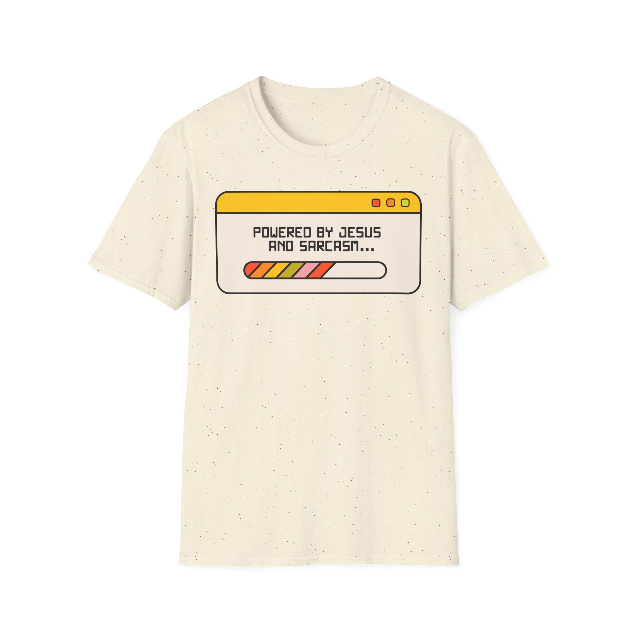 T-Shirt — "Powered by Jesus and Sarcasm" Graphic Tee
