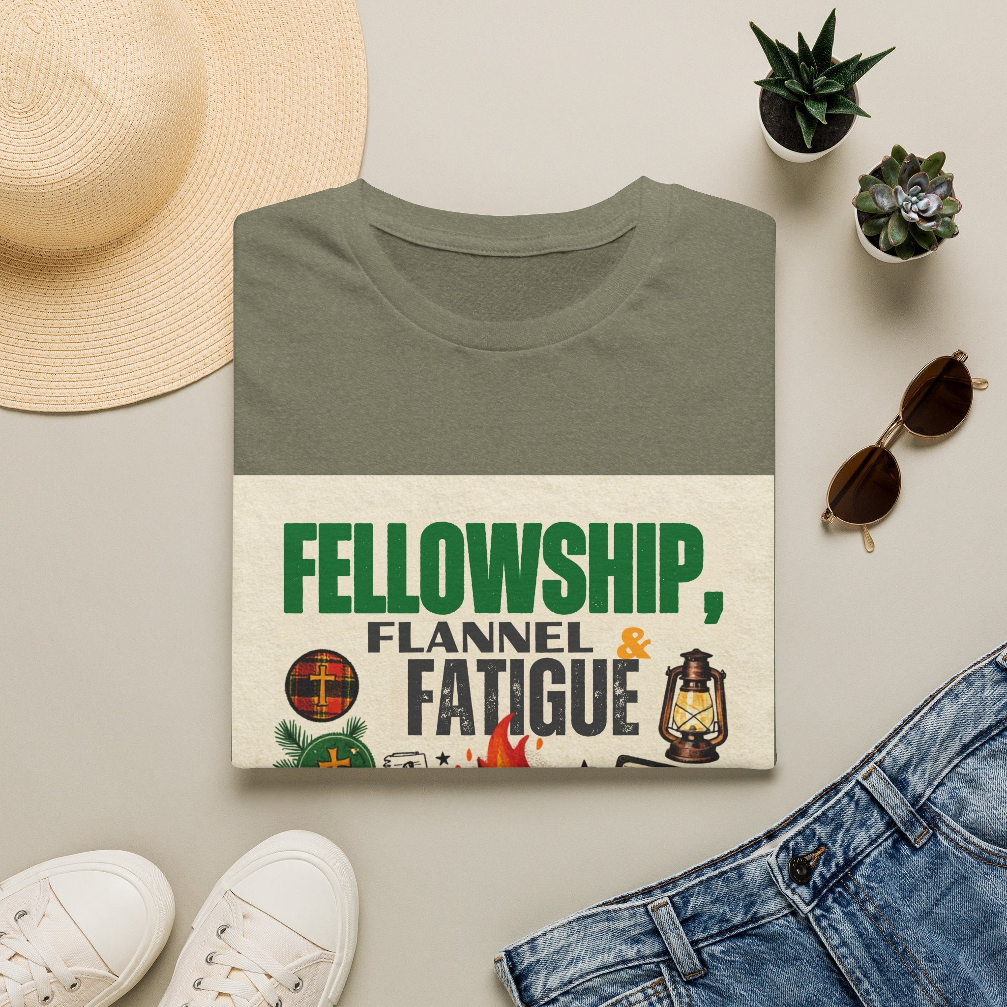 Fellowship Flannel & Fatigue T‑Shirt — Campfire Christian Retreat Tee