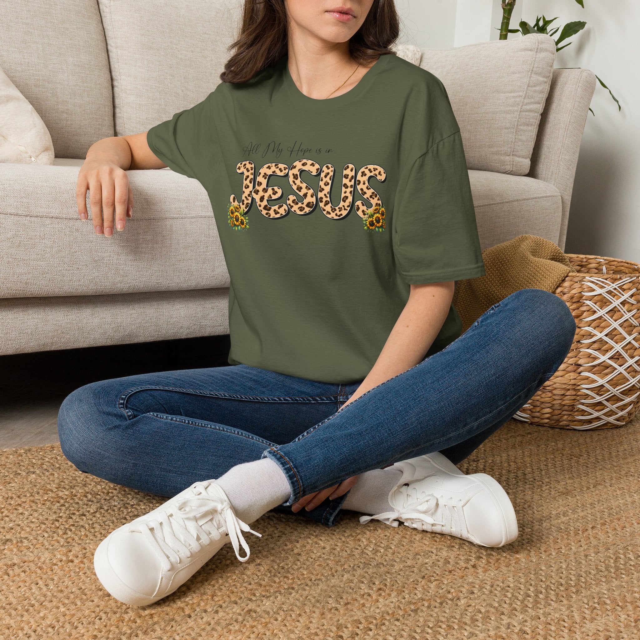 Jesus Leopard Print T-Shirt — "All My Hope Is In Jesus" Floral Faith Tee